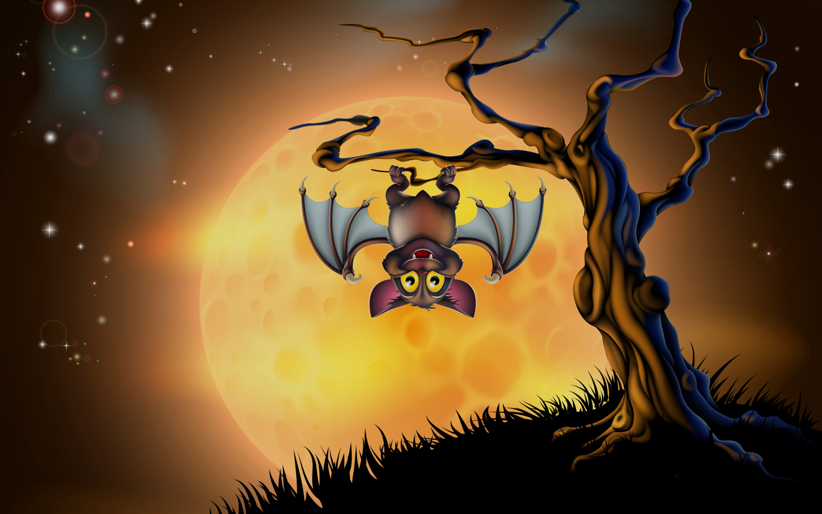 Смешная летучая мышь на дереве на фоне луны