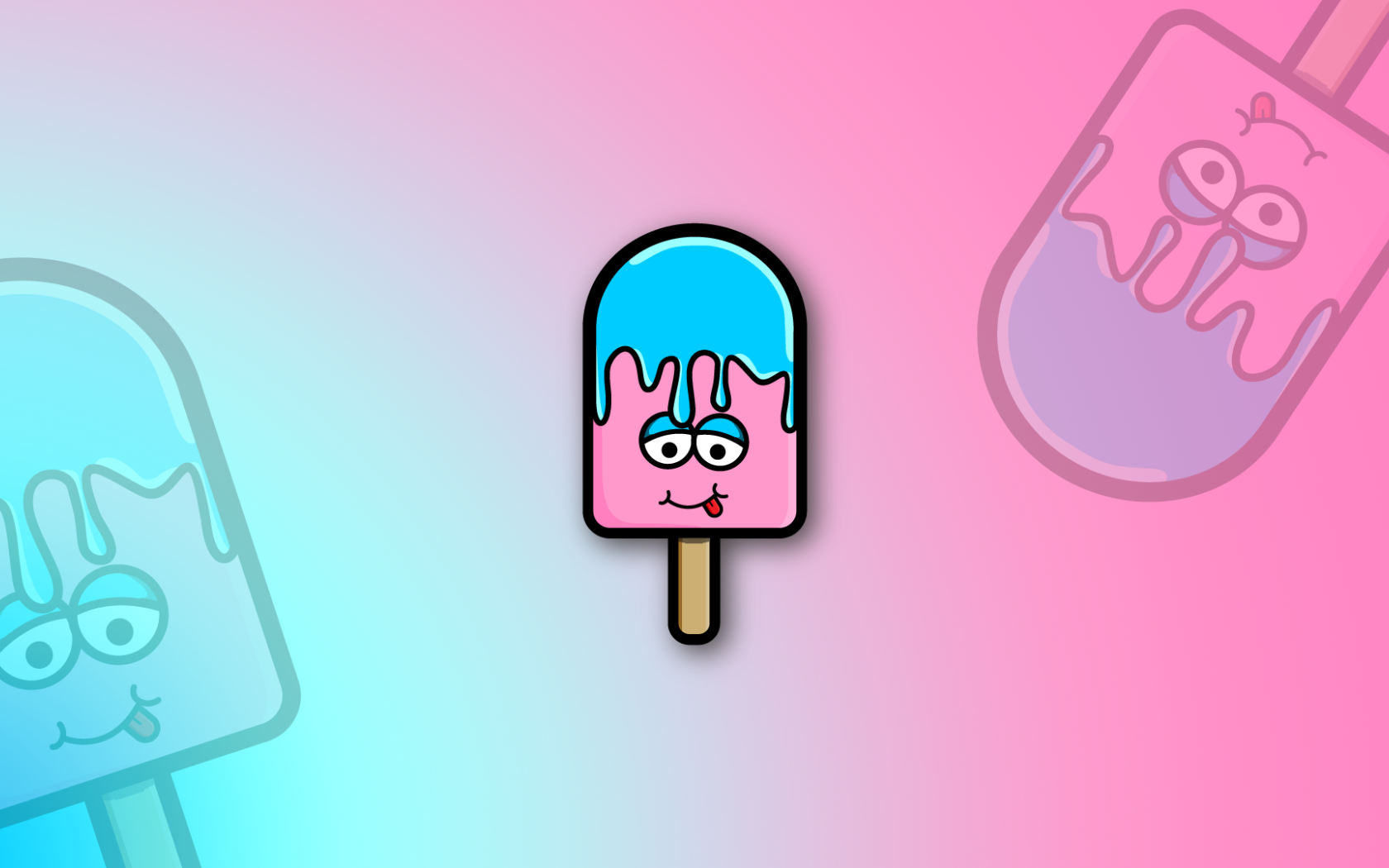 Мороженое на палочке с высунутым языком на розовом фоне