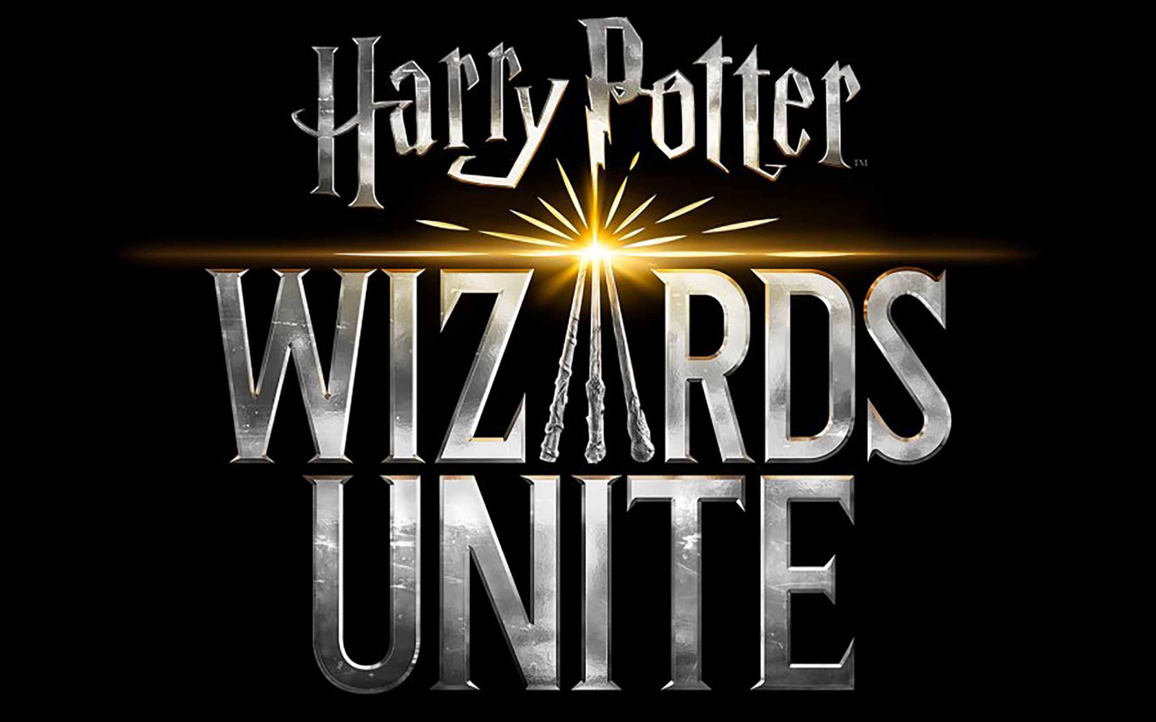 Логотип новой видеоигры Harry Potter: Wizards Unite, 2019 года на черном фоне