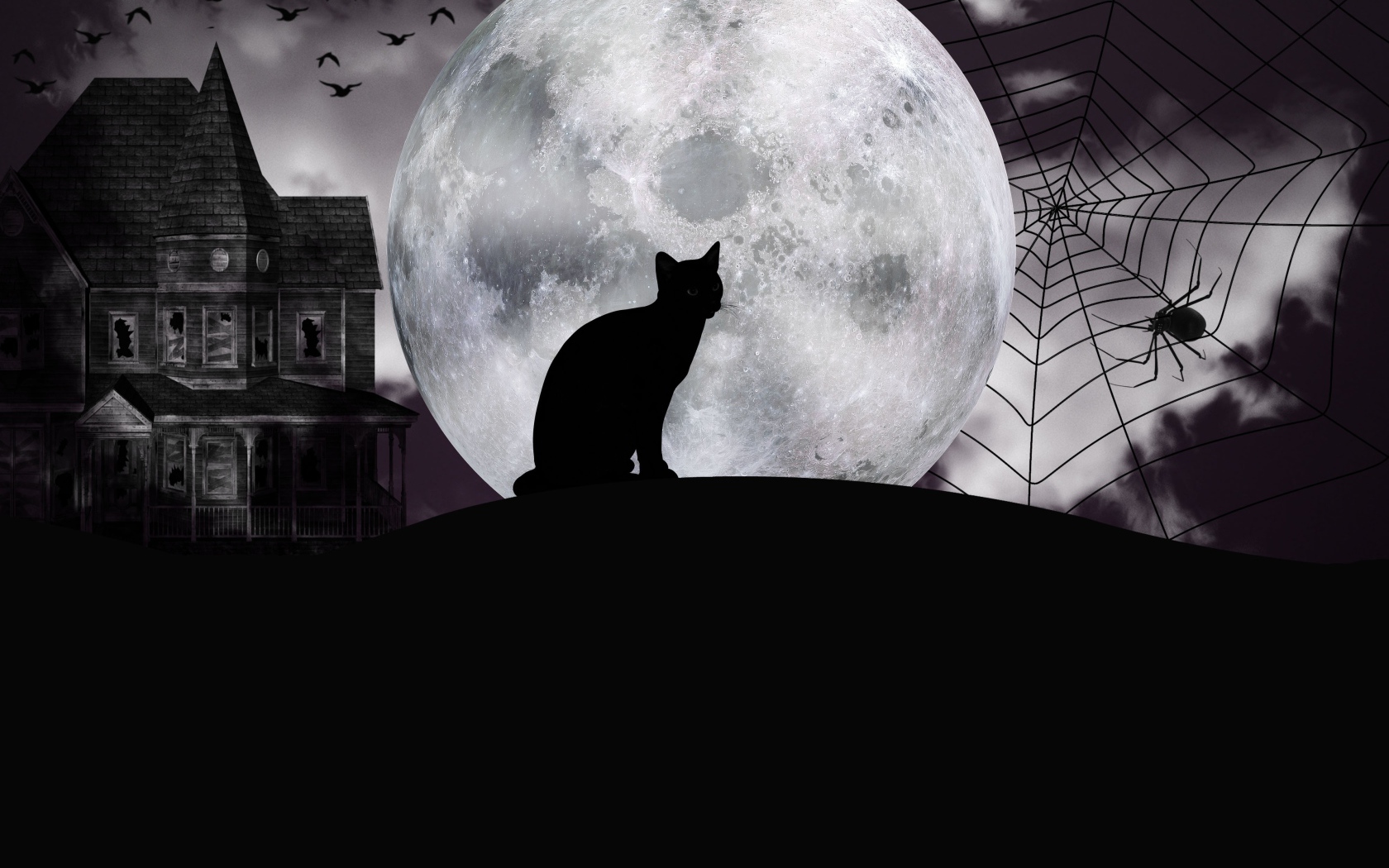 Черный кот на фоне большой луны на Хэллоуин 