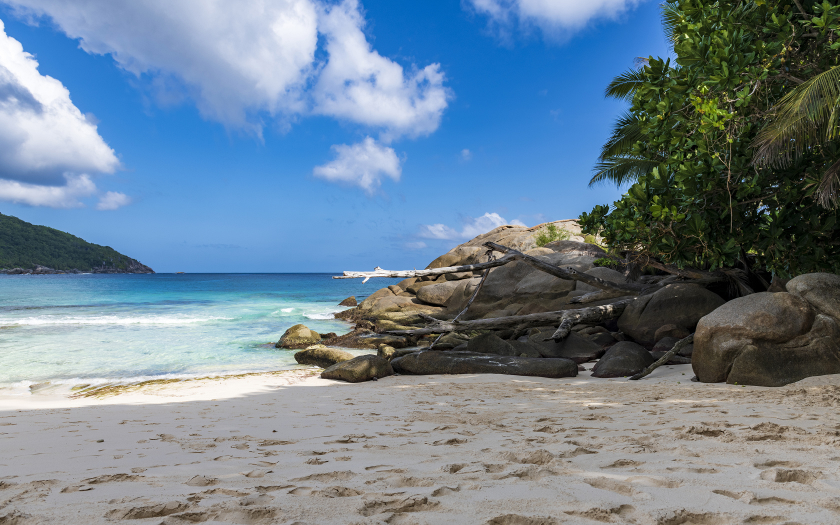 Камни на берегу океана на желтом песке под голубым небом