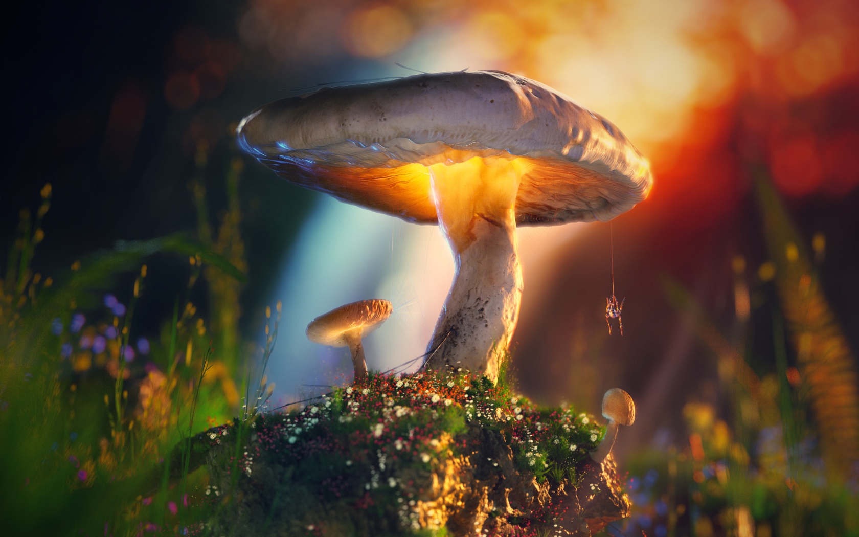 Паук висит на паутине на грибе