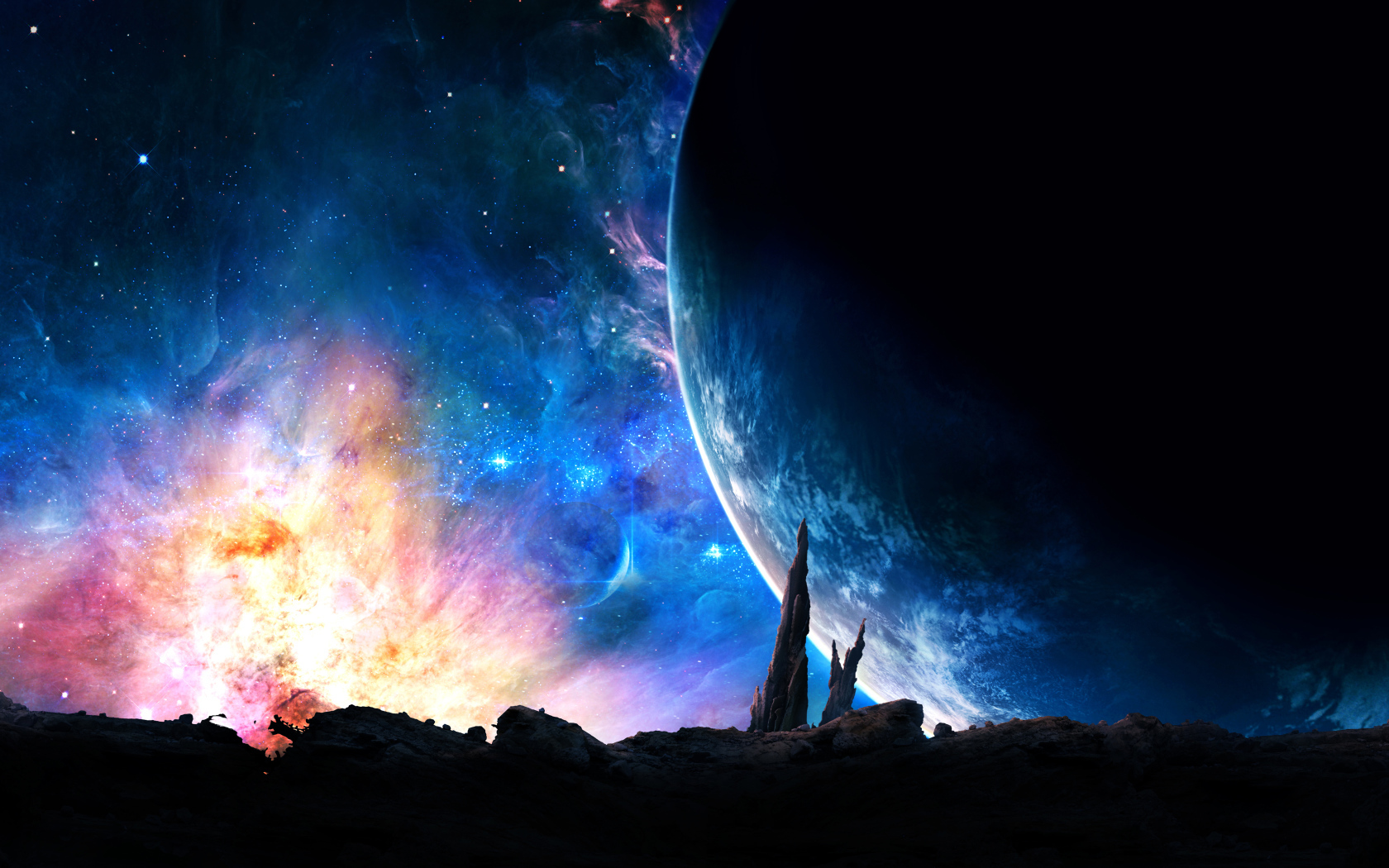 Большая планета на фоне звездной галактики 