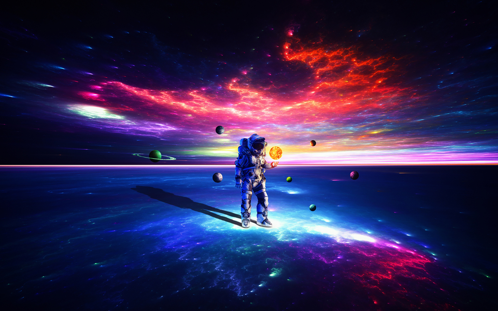 Астронавт на поверхности земли с планетами