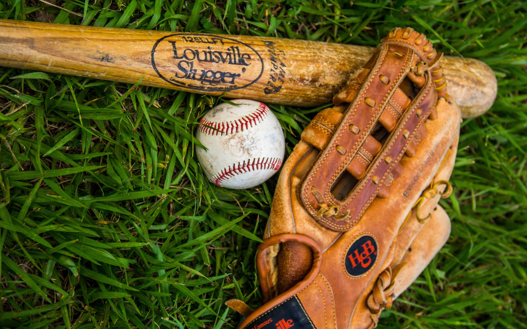 Бейсбольная бита, перчатка и мяч лежат на зеленой траве