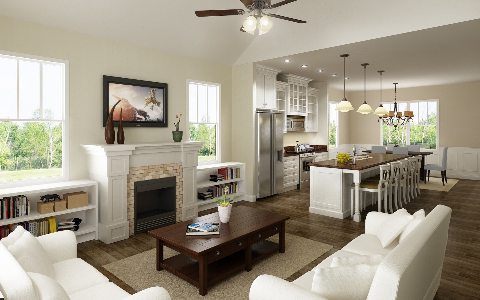 Светлая гостиная комната с кухней 