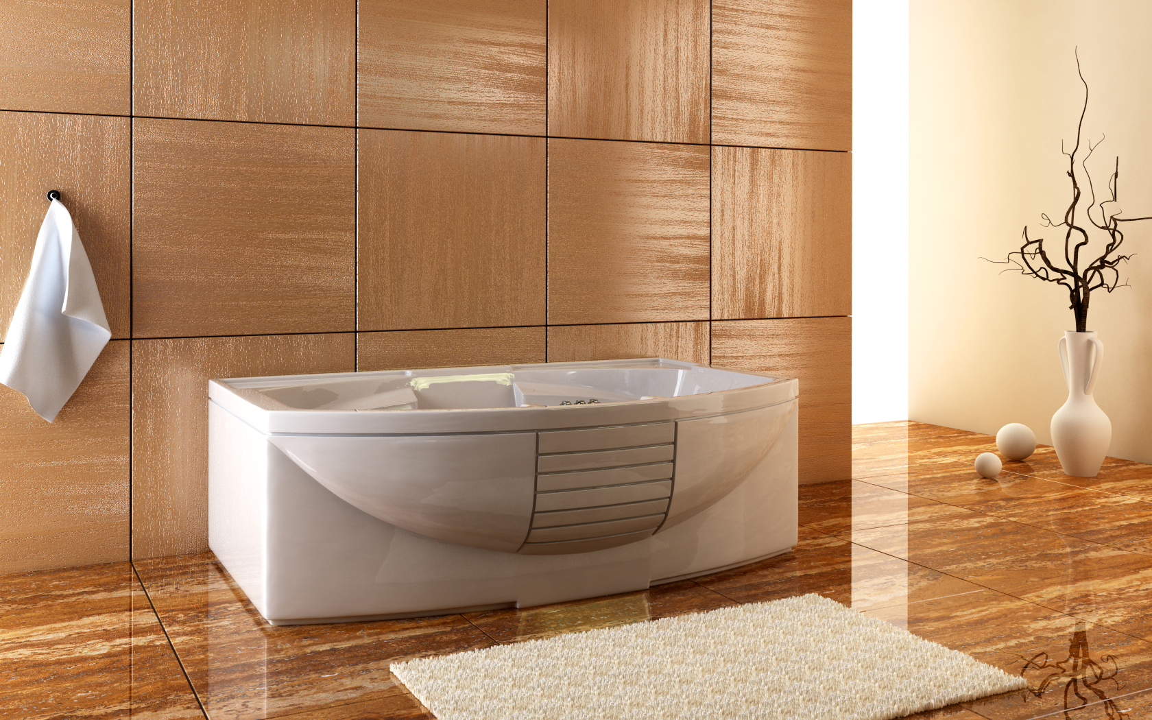 Белая ванная на фоне коричневой стены 