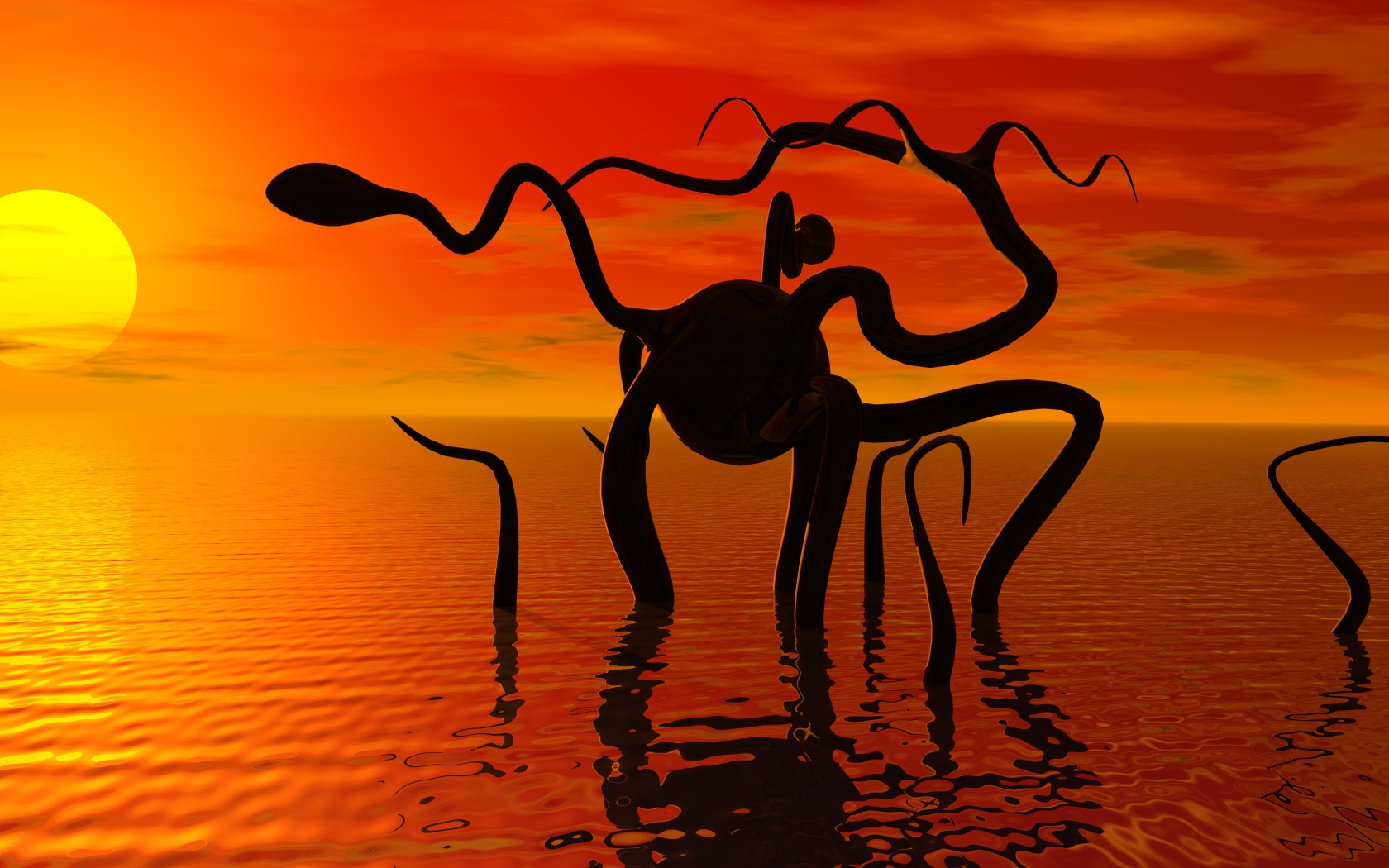 Фантастическое животное в спокойной морской воде на закате солнца