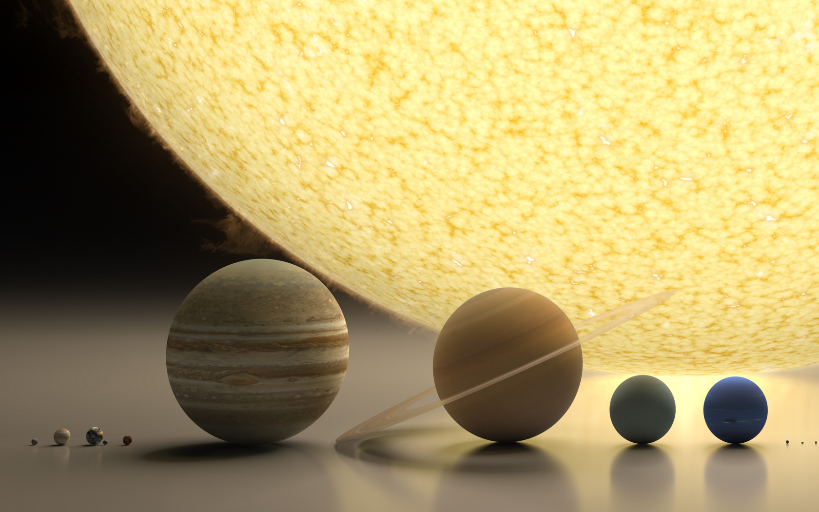 Макеты планет у желтого солнца, 3д графика
