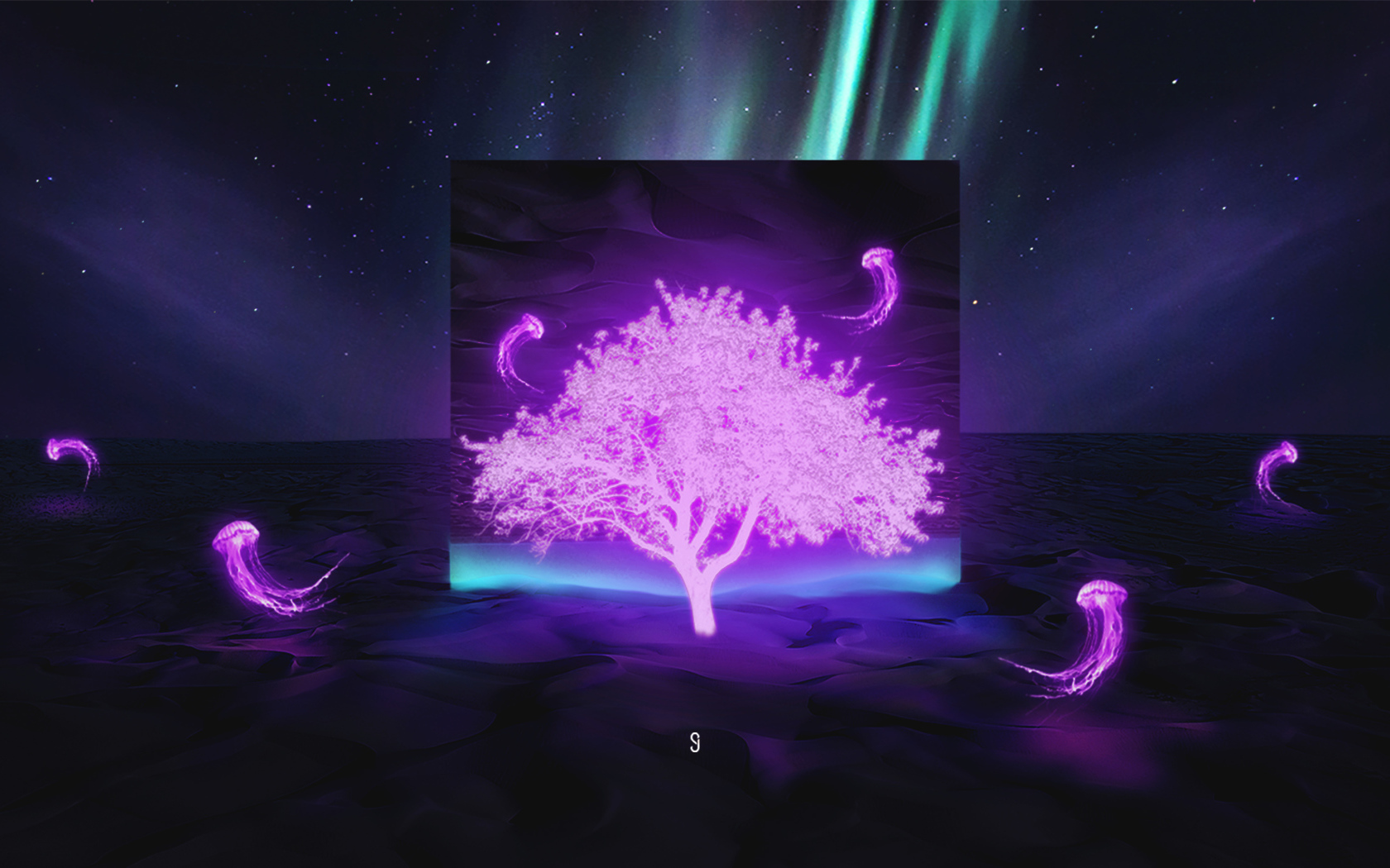 Неоновое дерево в пустыне на фоне неба с северным сиянием