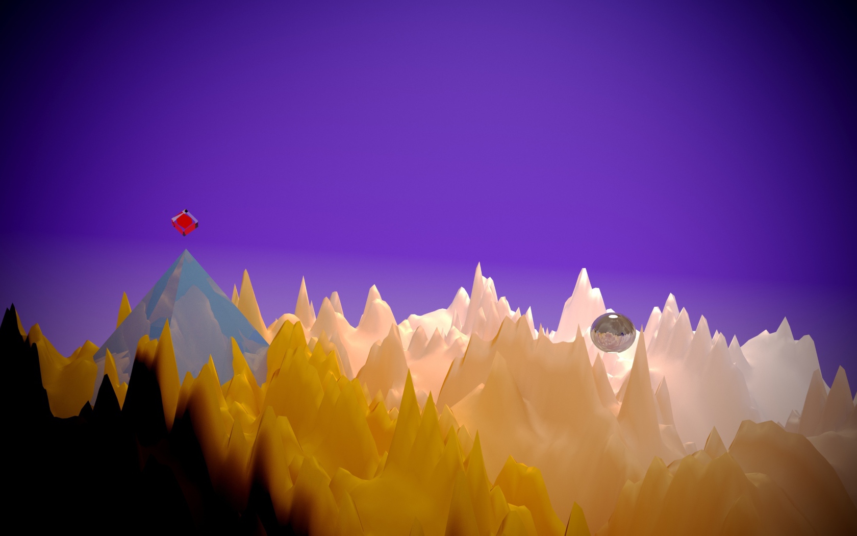 Пирамида на неровной космической поверхности на фиолетовом фоне, 3д графика