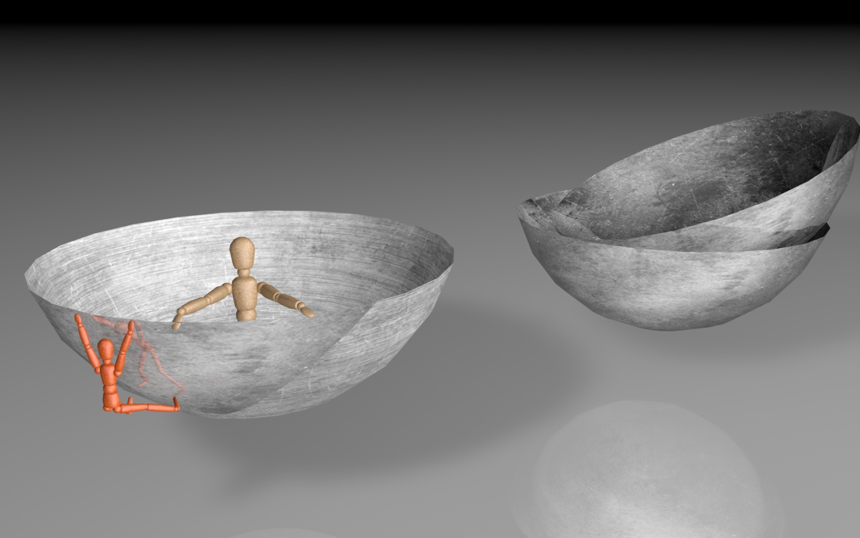 Роботы в серых чашах на сером фоне 3д графика