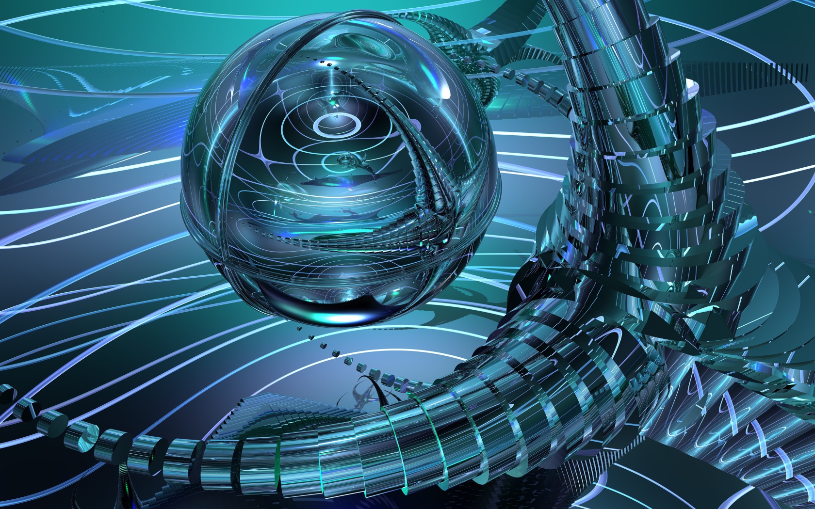 Сфера с металлическими щупальцами, 3д графика