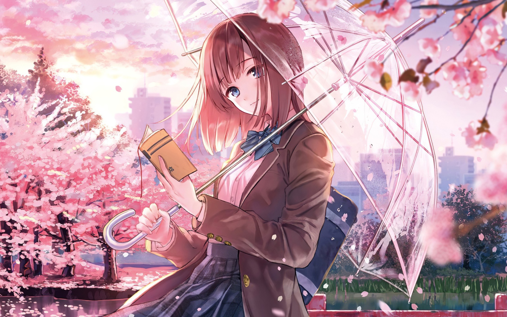 Anime girl with a book and an umbrella in hand