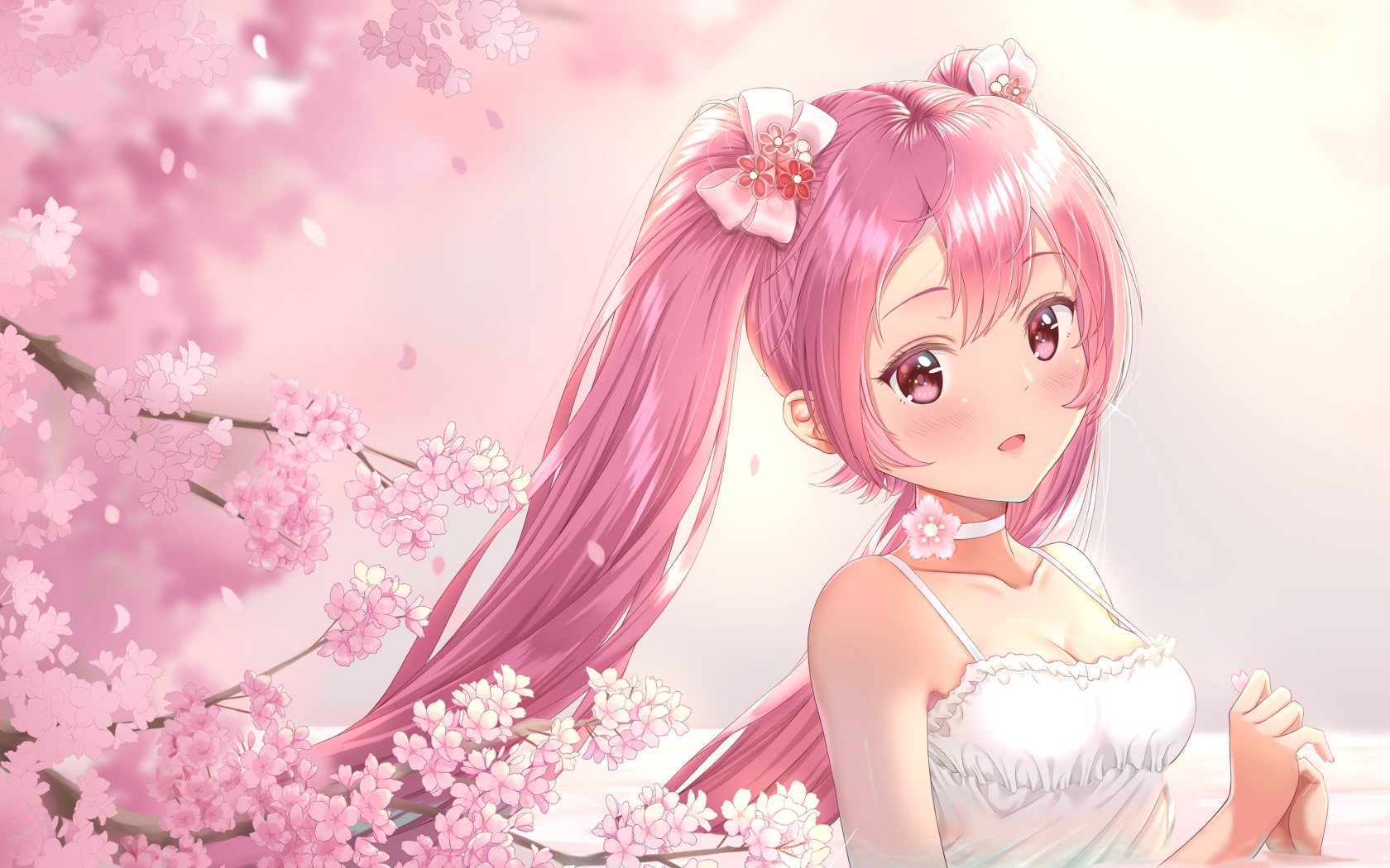 Девушка аниме с розовыми волосами в белом платье 