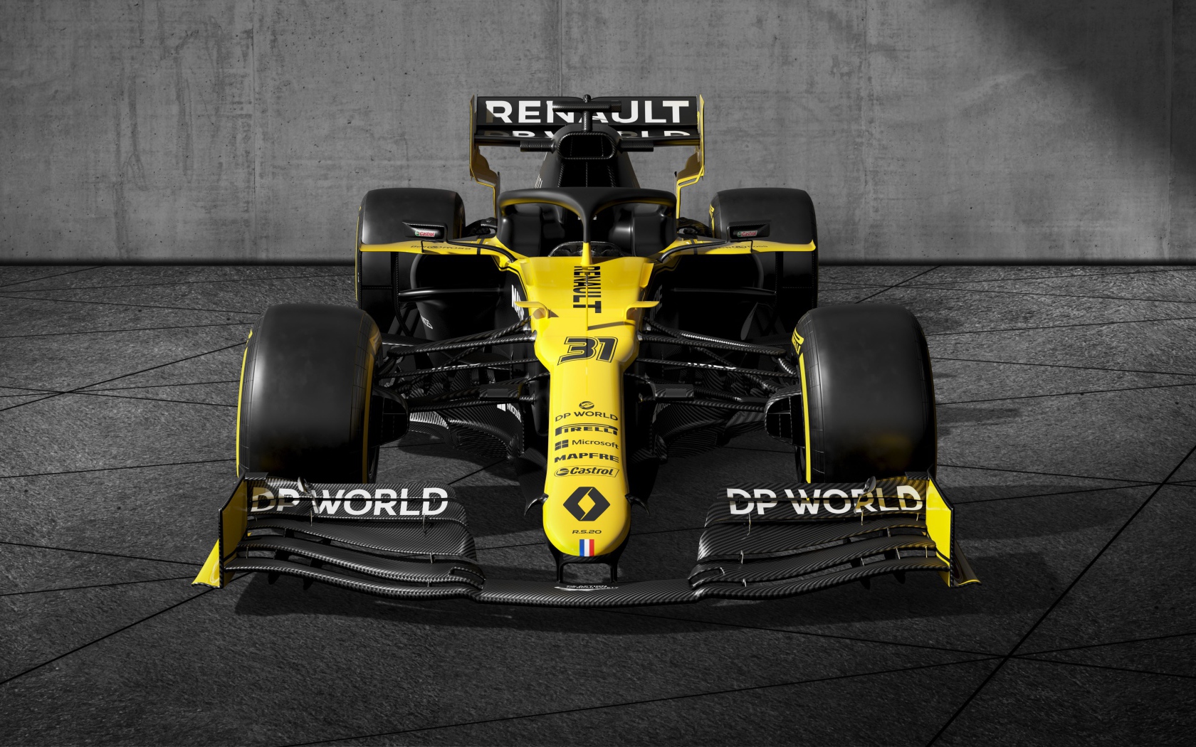 Гоночный автомобиль Renault RS20 2020 года на сером фоне