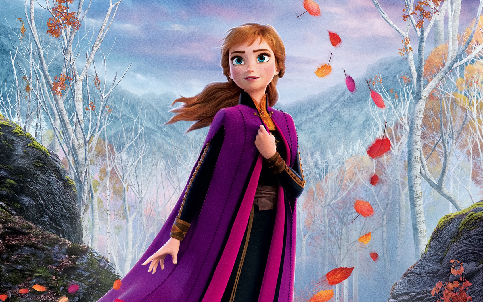 Анна в накидке в холодном лесу мультфильм Холодное сердце 2