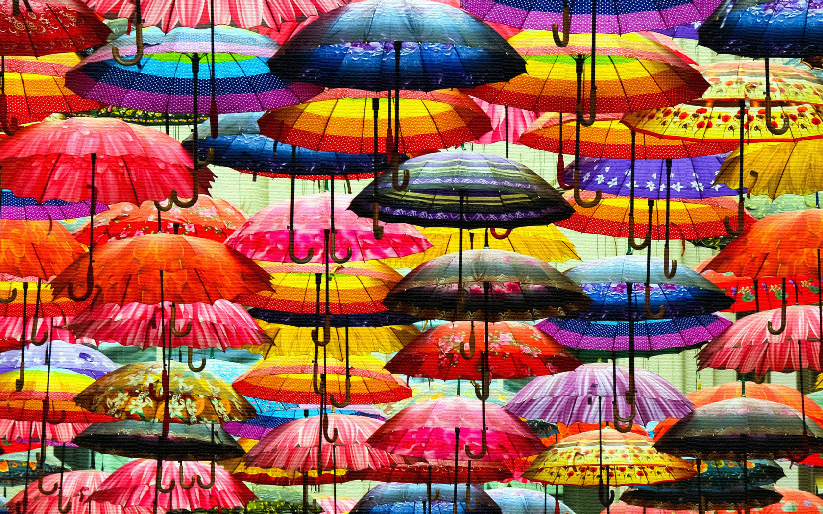 A lot of multi-colored umbrella in the air