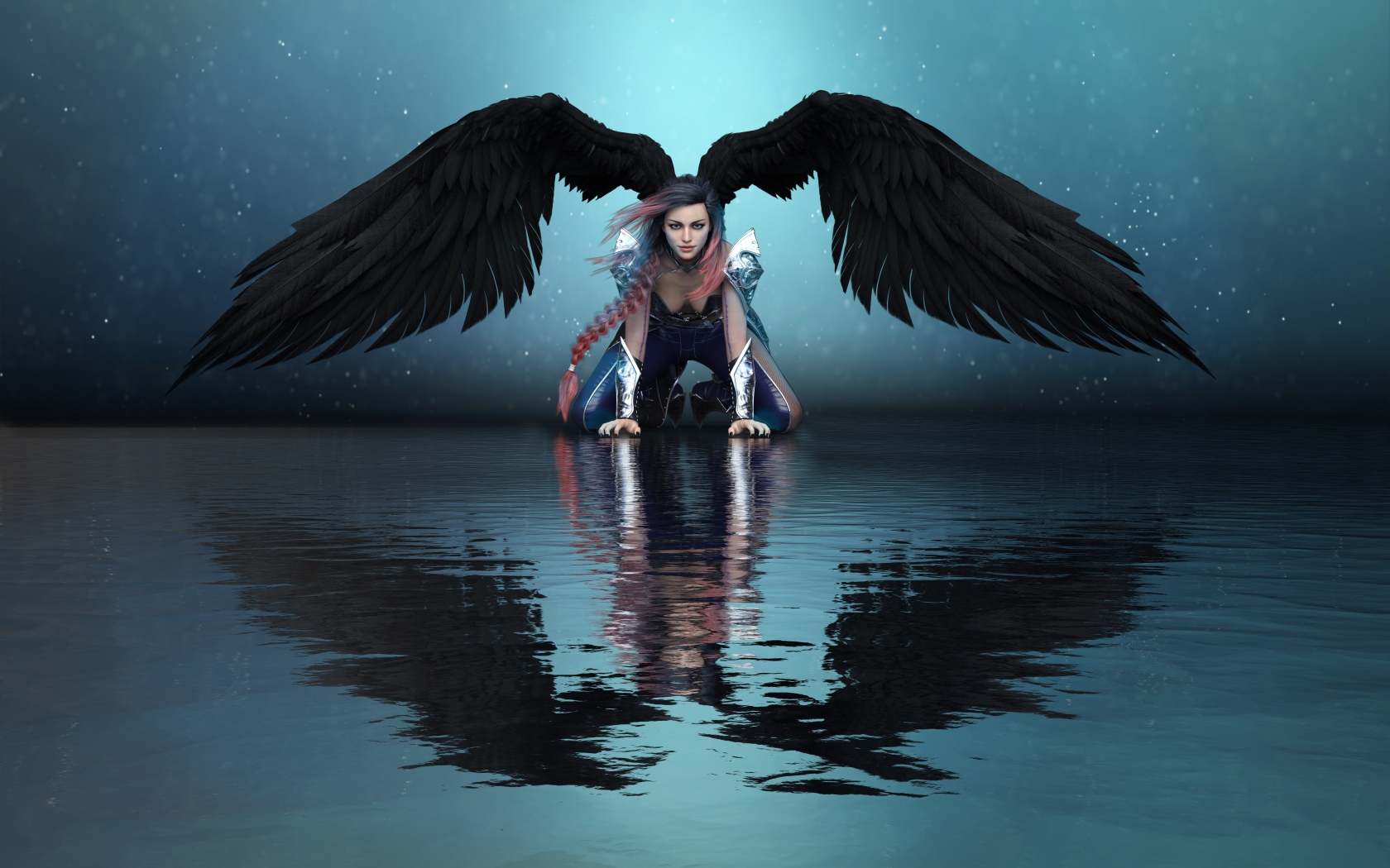 Фантастическая девушка ангел с черными крыльями отражается в воде 