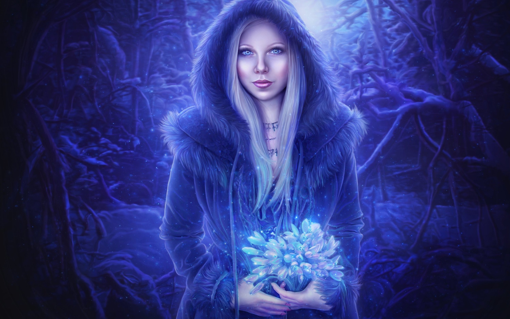 Девушка с букетом цветов в неоновом свете в лесу 