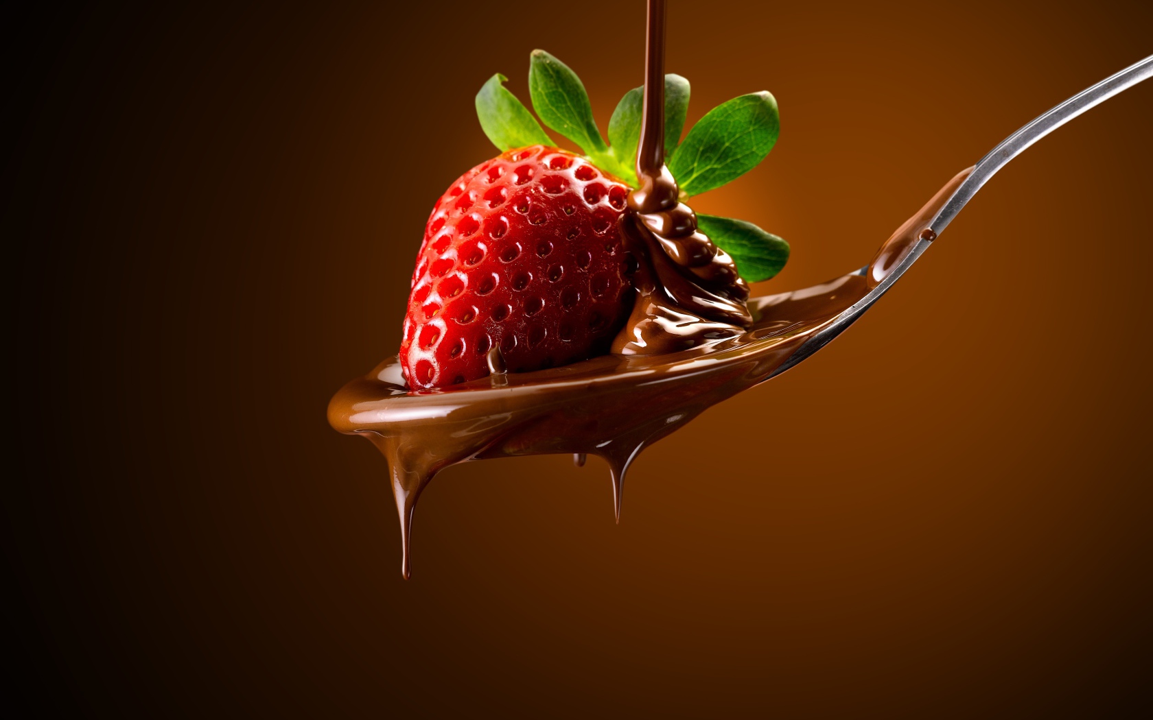 Красная клубника на ложке с молочным шоколадом