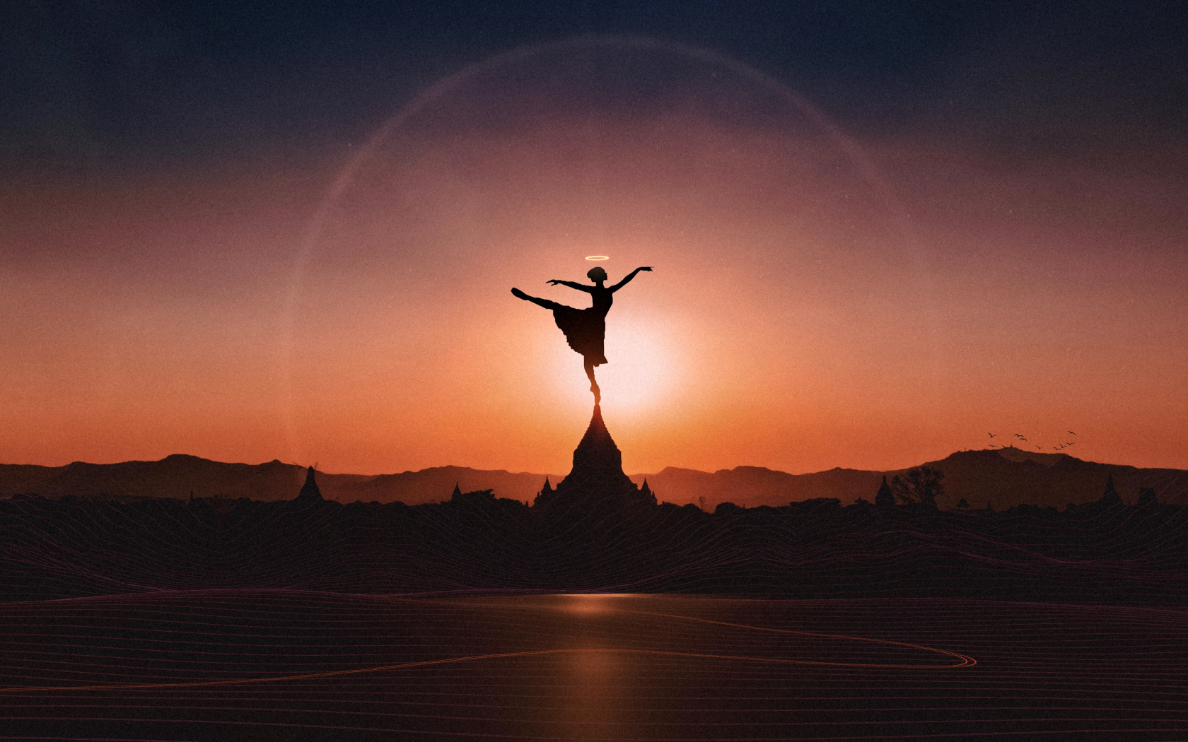 Девушка танцует балет на закате солнца