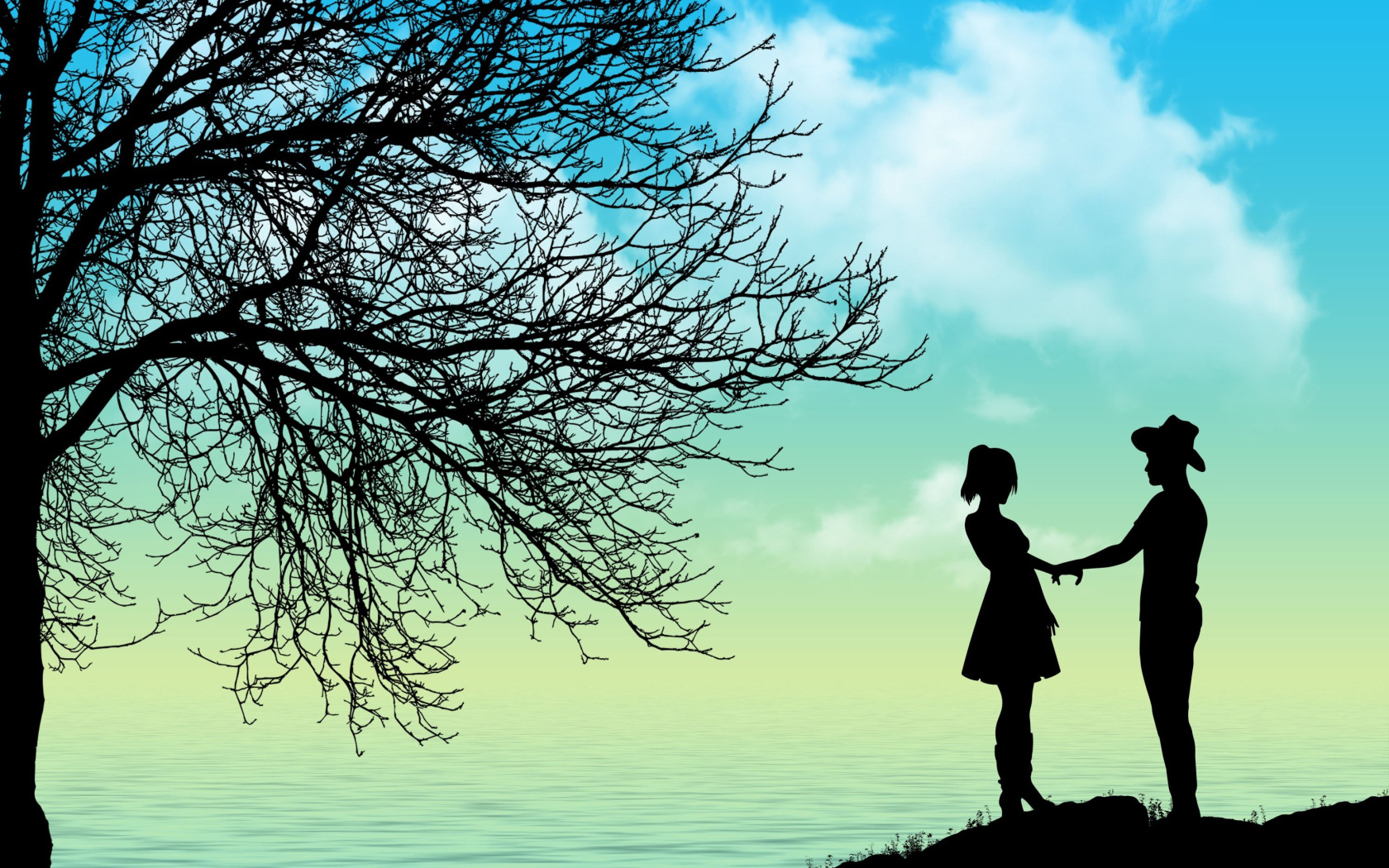 Силуэт влюбленной пары у дерева на берегу моря