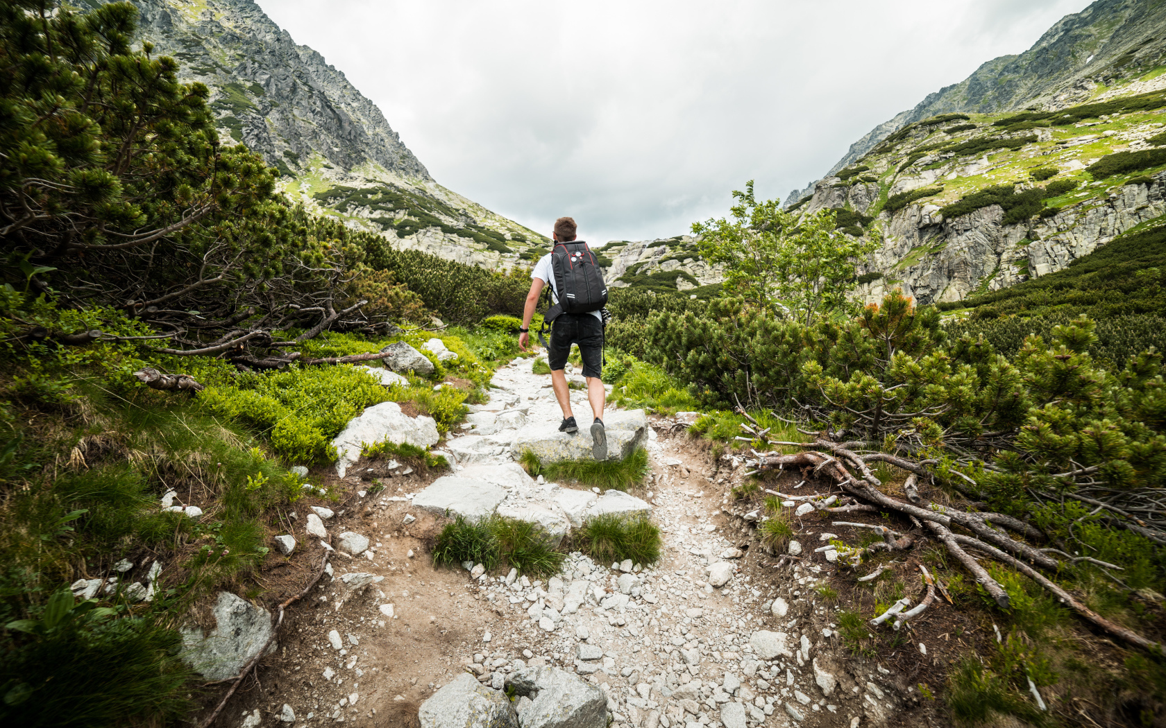 Мужчина с рюкзаком поднимается в горы 