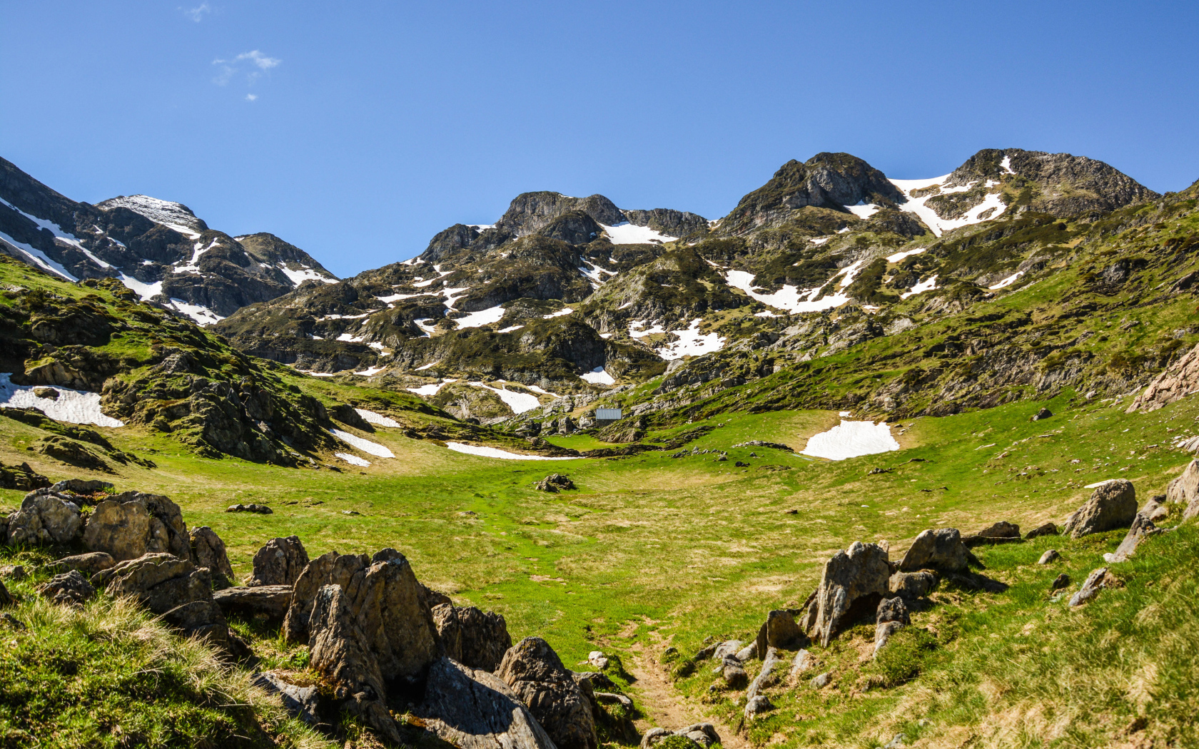 Зеленая трава у подножия заснеженных гор 