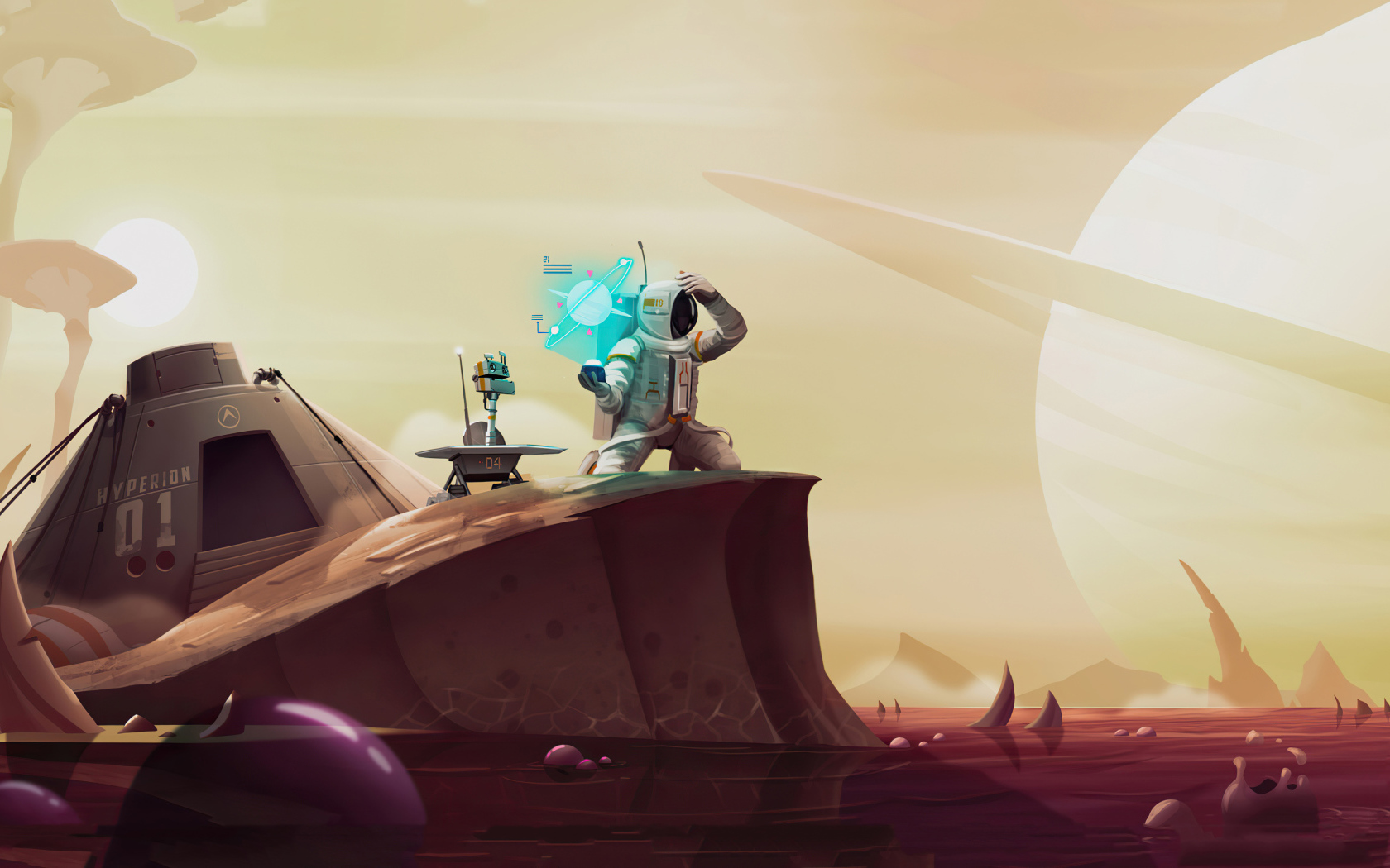 Астронавт с роботом на неизвестной планете в космосе 