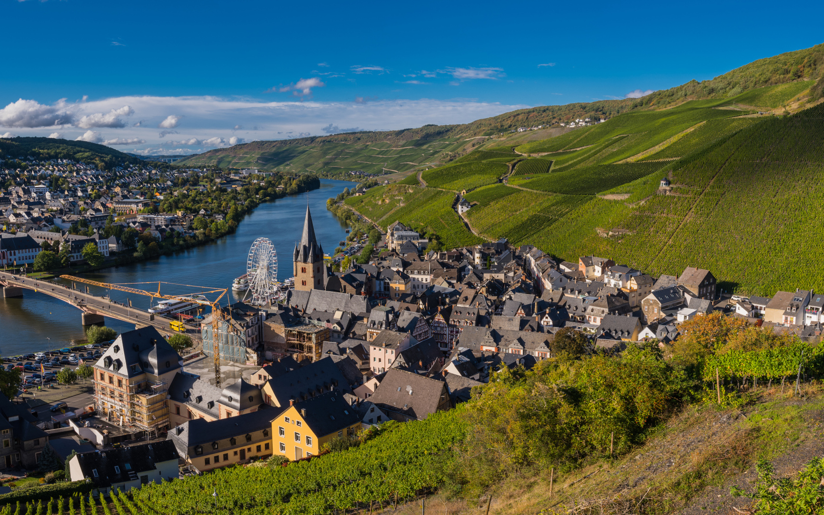 Вид город, реку и виноградник. Германия 
