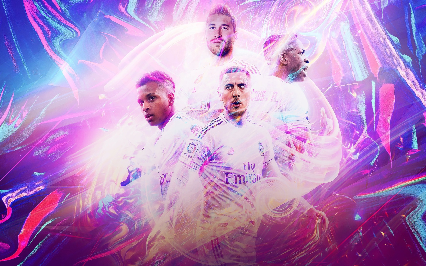 Футболисты из клуба Real Madrid на разноцветном фоне