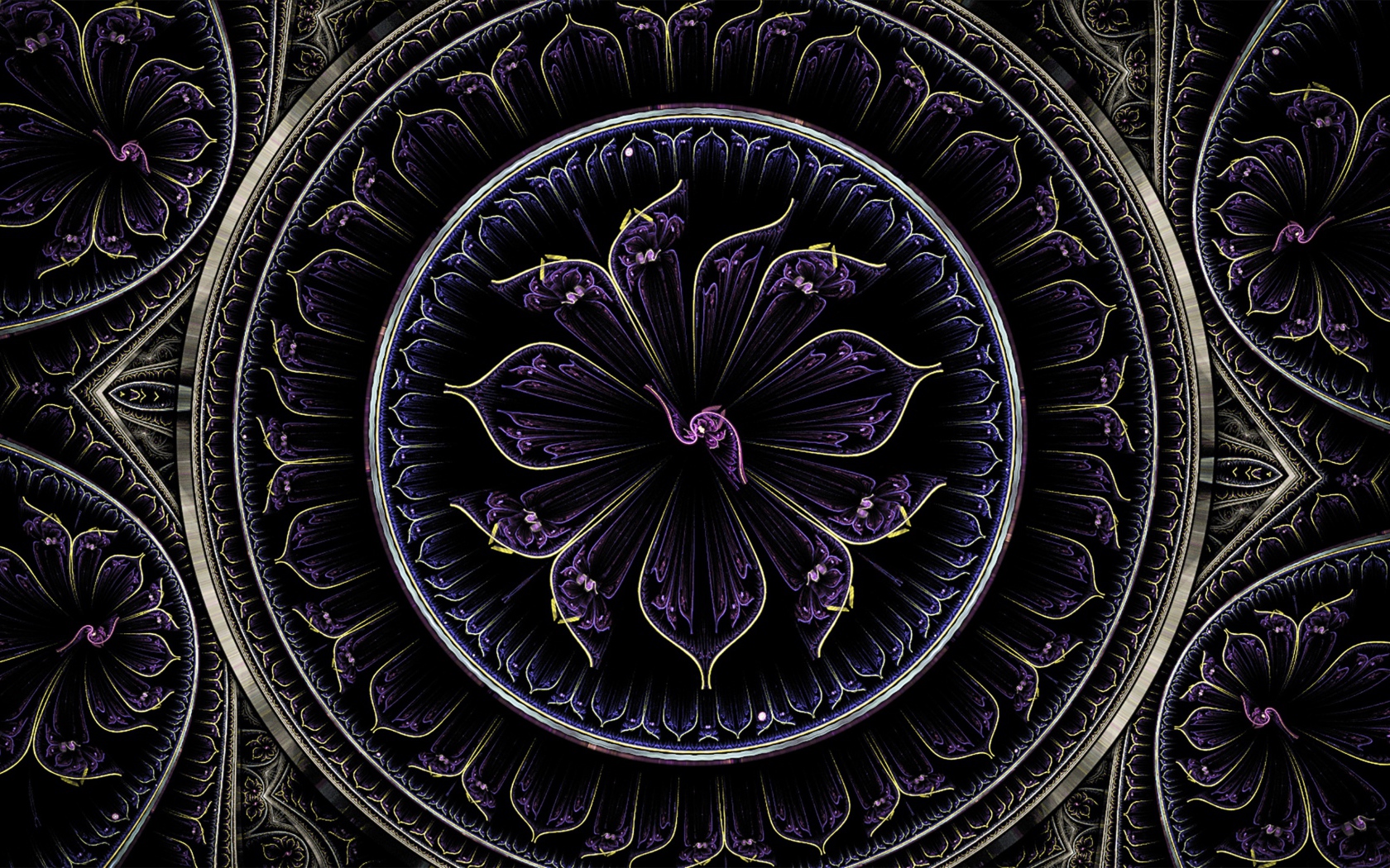 Красивый фиолетовый фрактальный рисунок с золотыми линиями