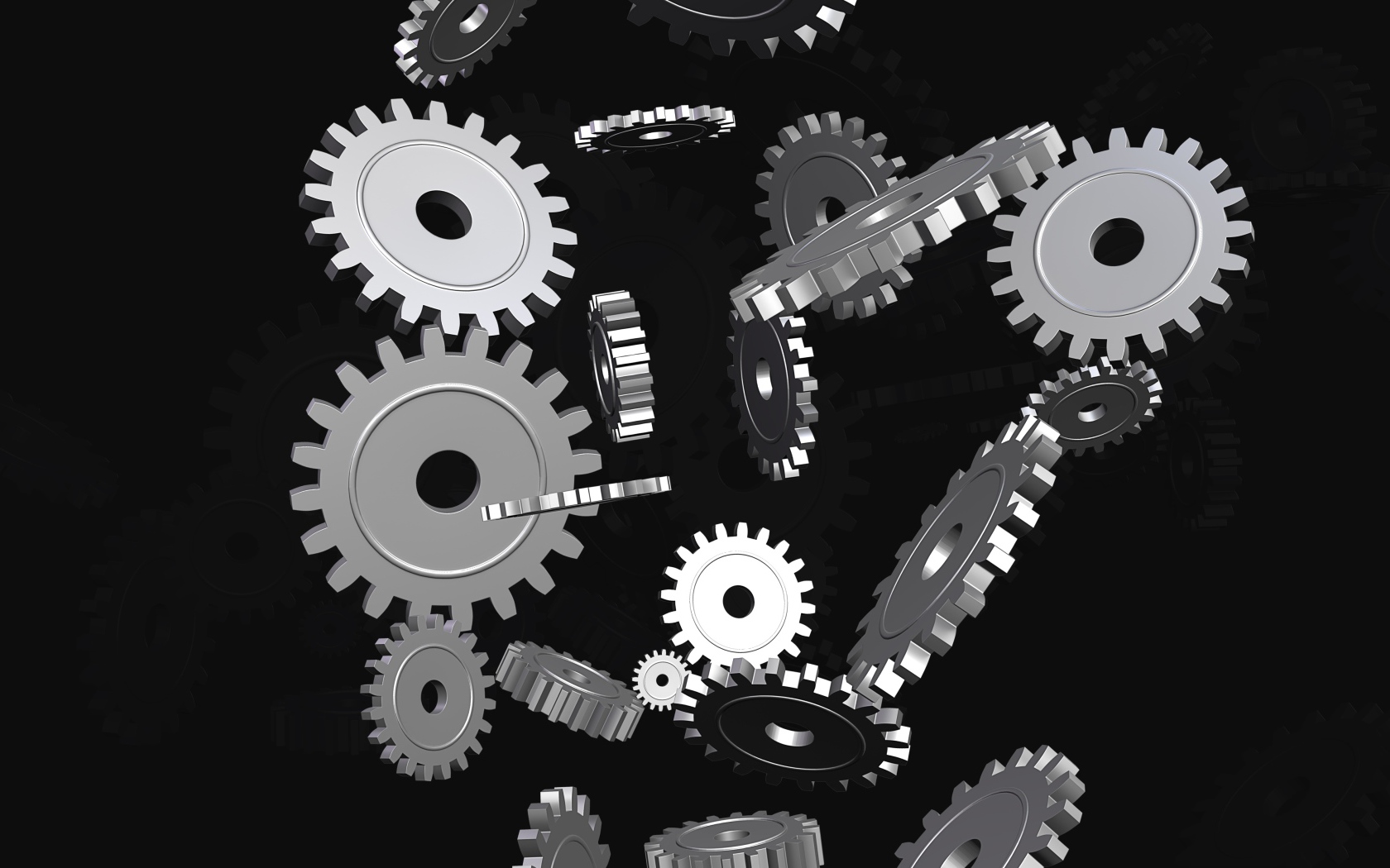 Металлические шестеренки в воздухе на черном фоне