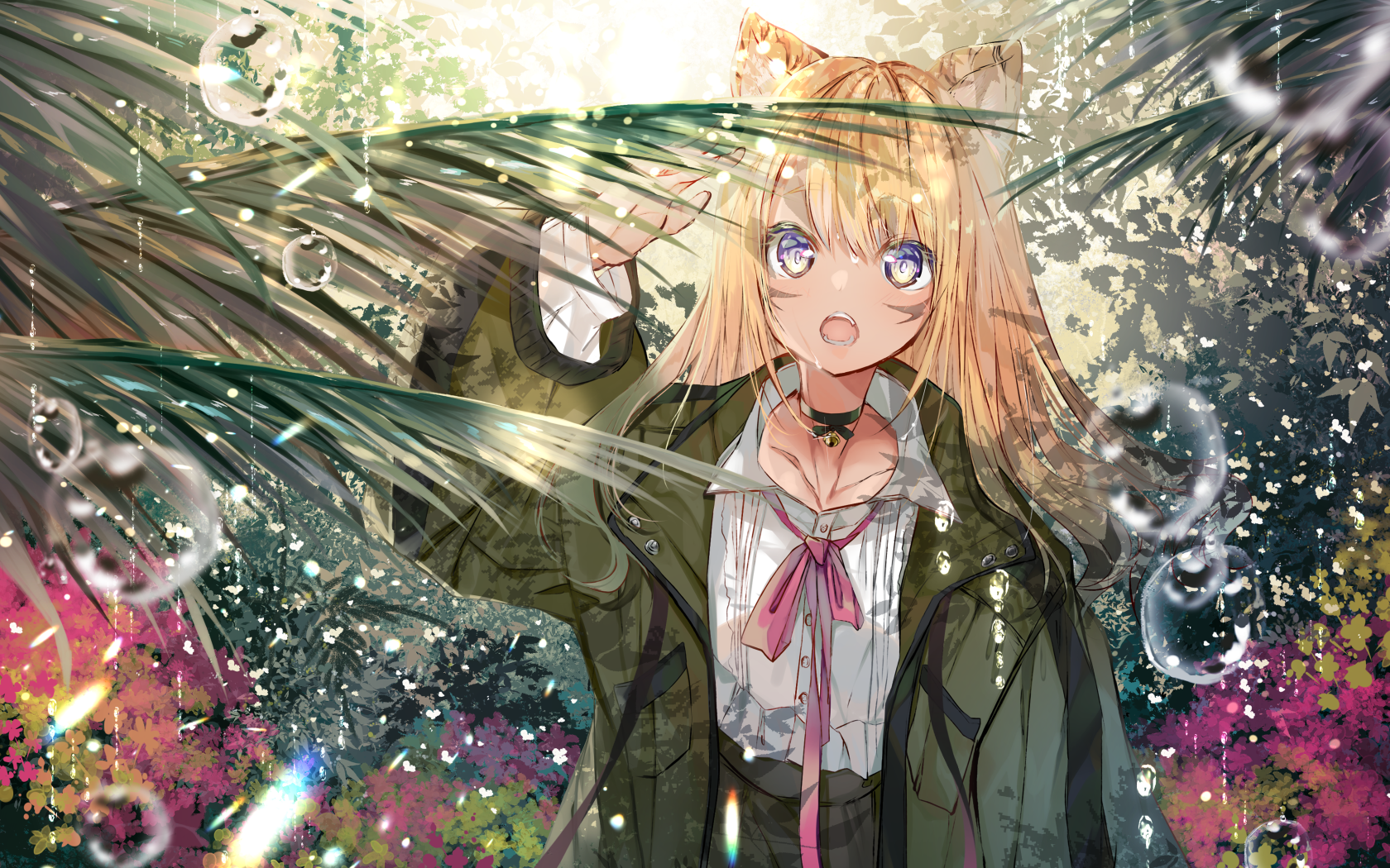 Аниме девушка в зеленых листьях папоротника