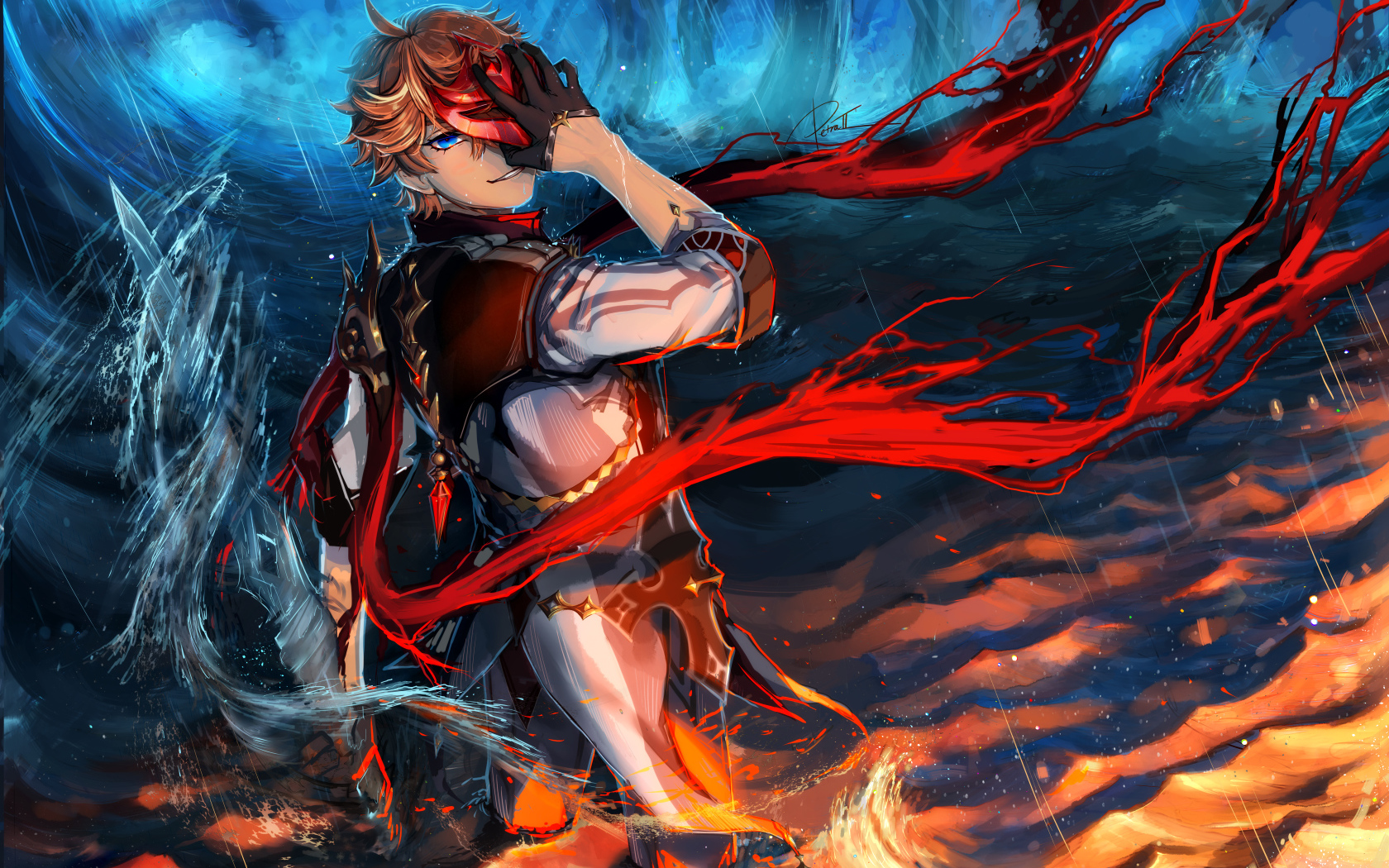 Мужчина аниме закрыл лицо рукой в воде