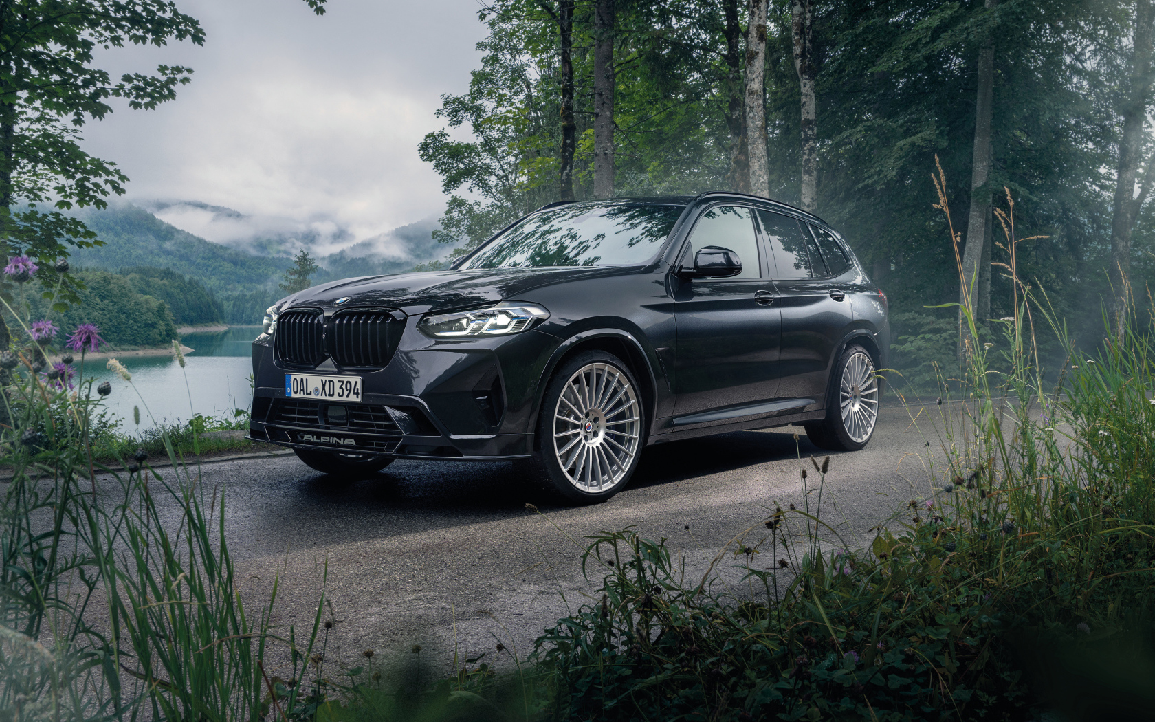 Черный внедорожник Alpina XD3 2021 года в лесу