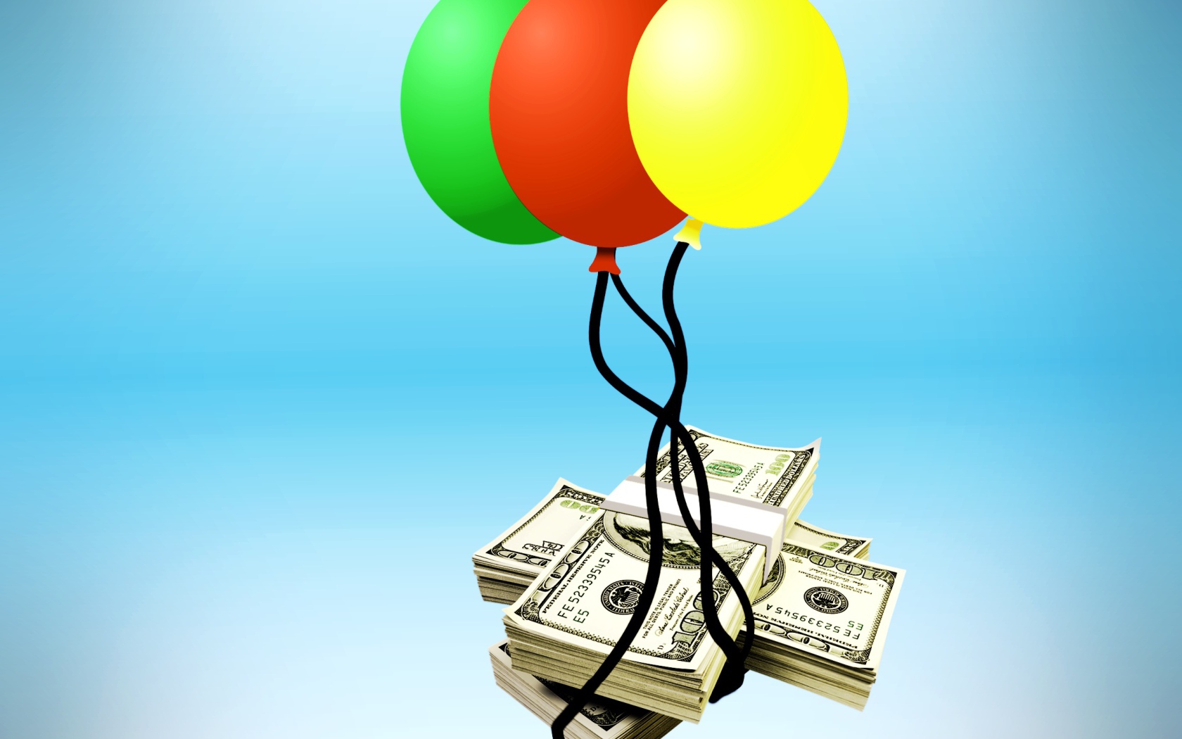 Деньги с воздушными шариками на голубом фоне 