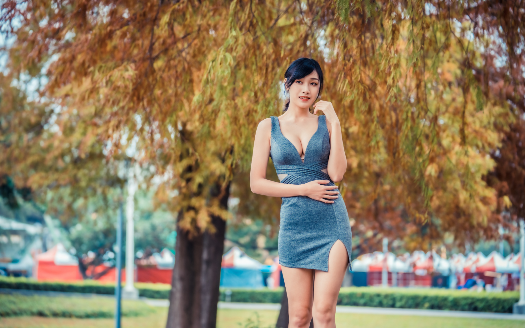 Girl in a gray short dress in an autumn park
