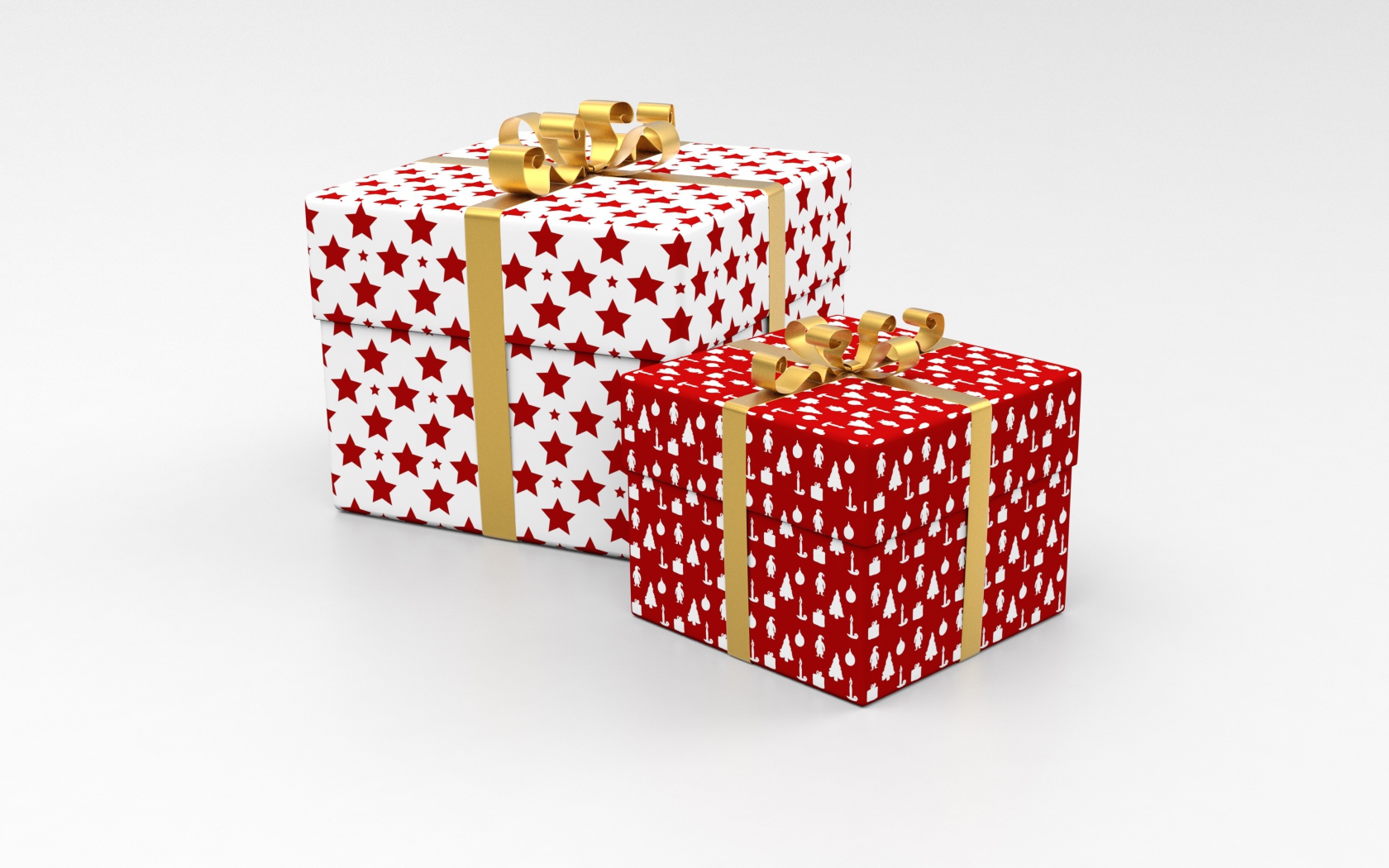 Две яркие коробки с подарками на сером фоне