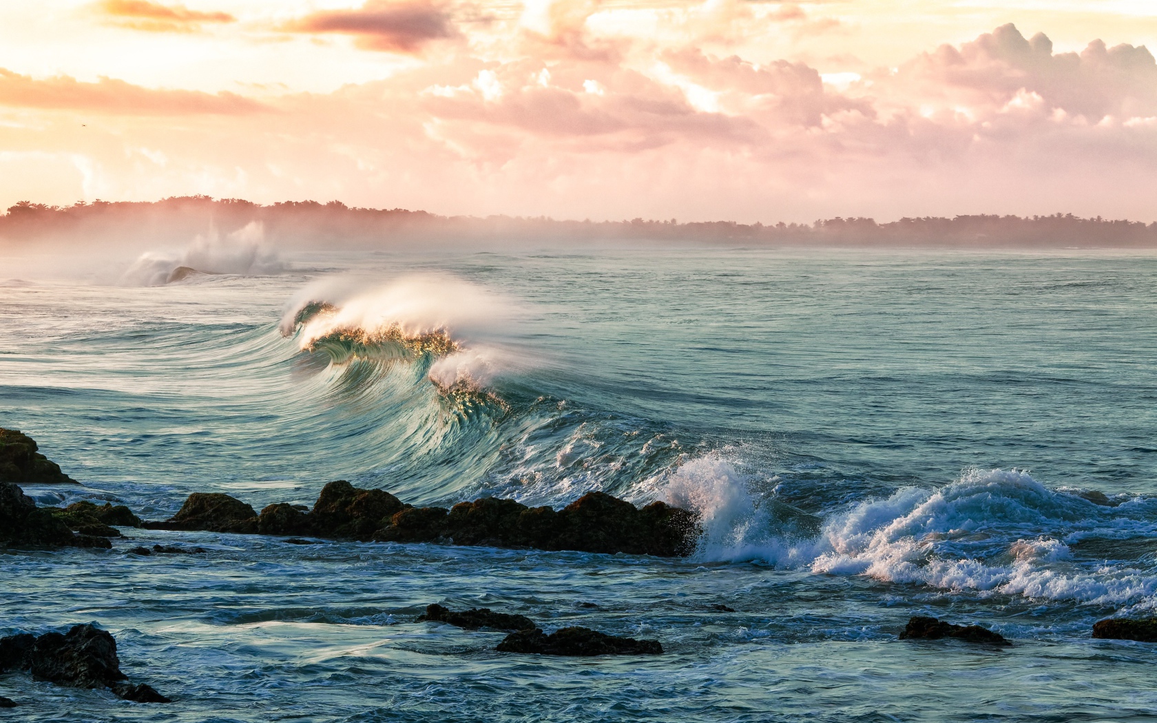 Волны на берегу океана в тумане 
