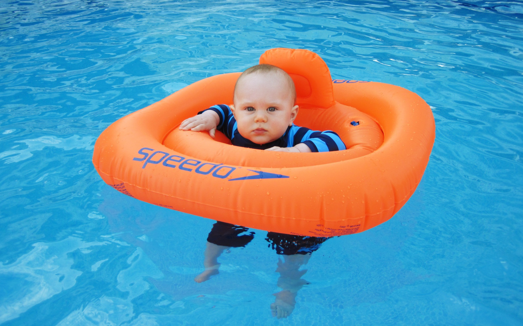 Маленький ребенок с оранжевым спасательным кругом в бассейне