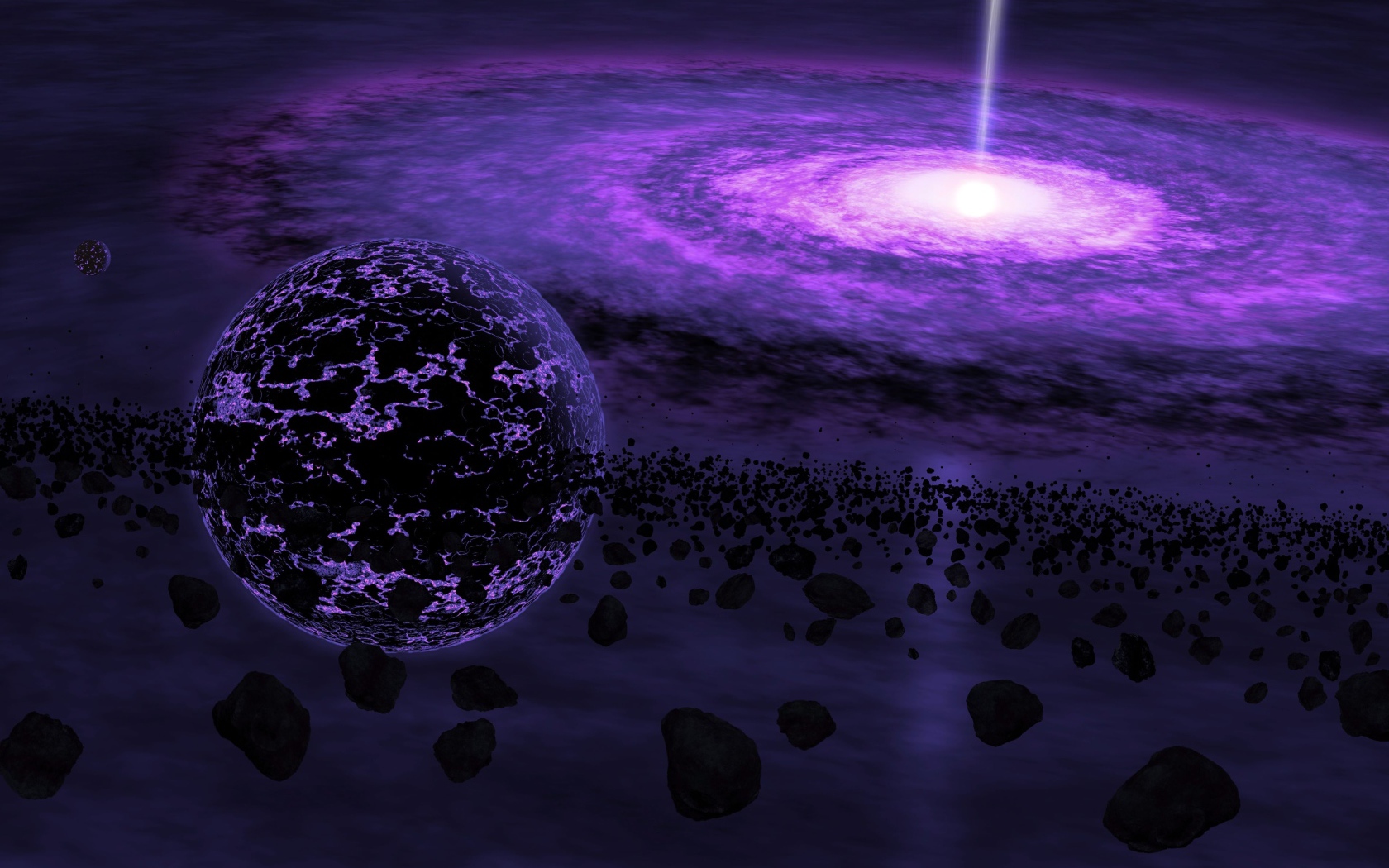 Черная дыра и планета с метеоритами в космосе 