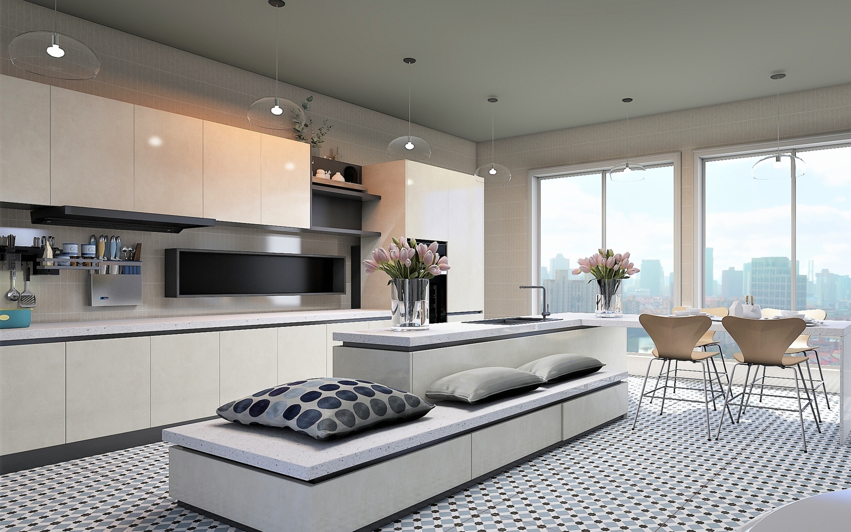 Красивая просторная кухня в сером цвете 