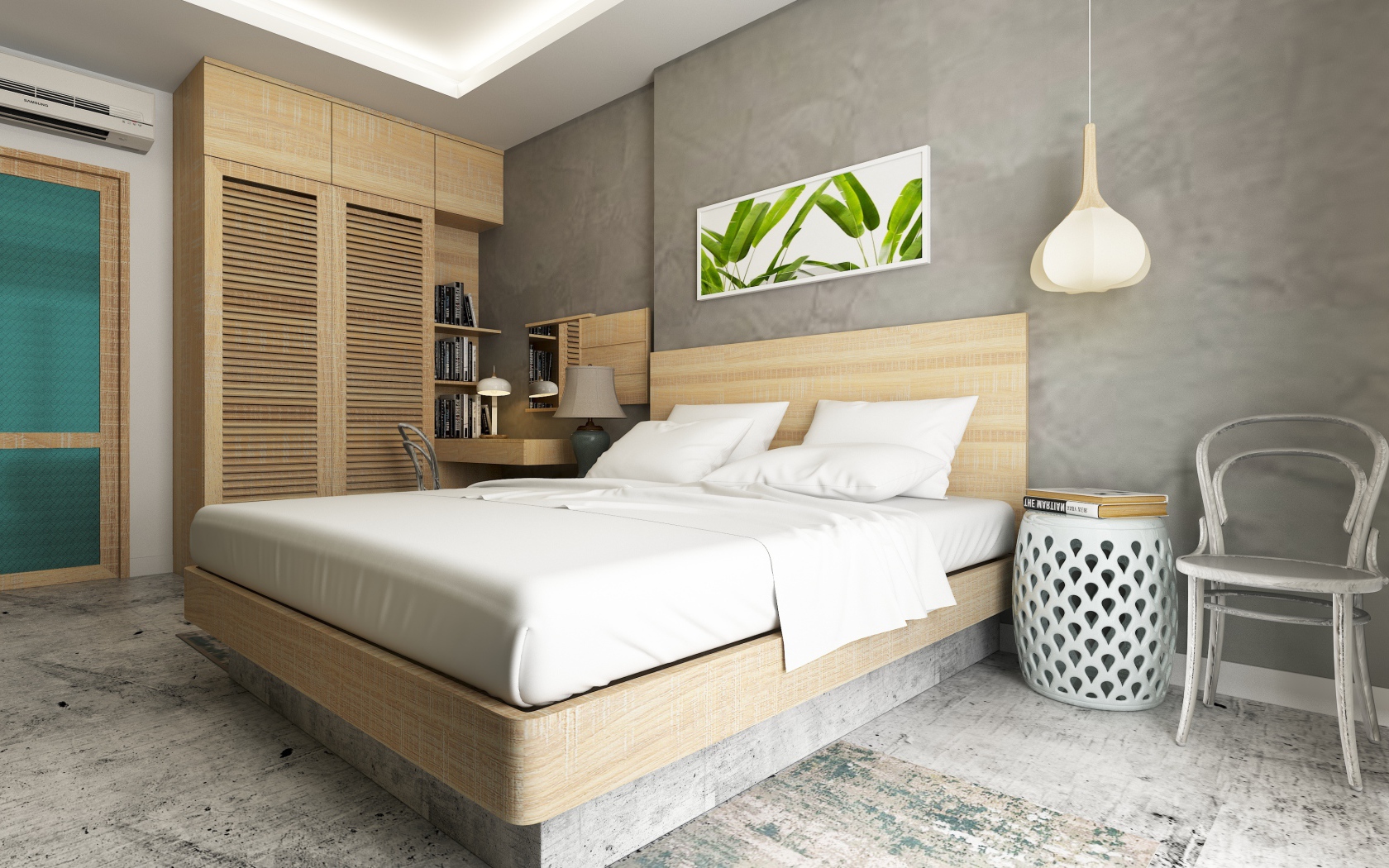 Серые стены с картиной в спальной комнате