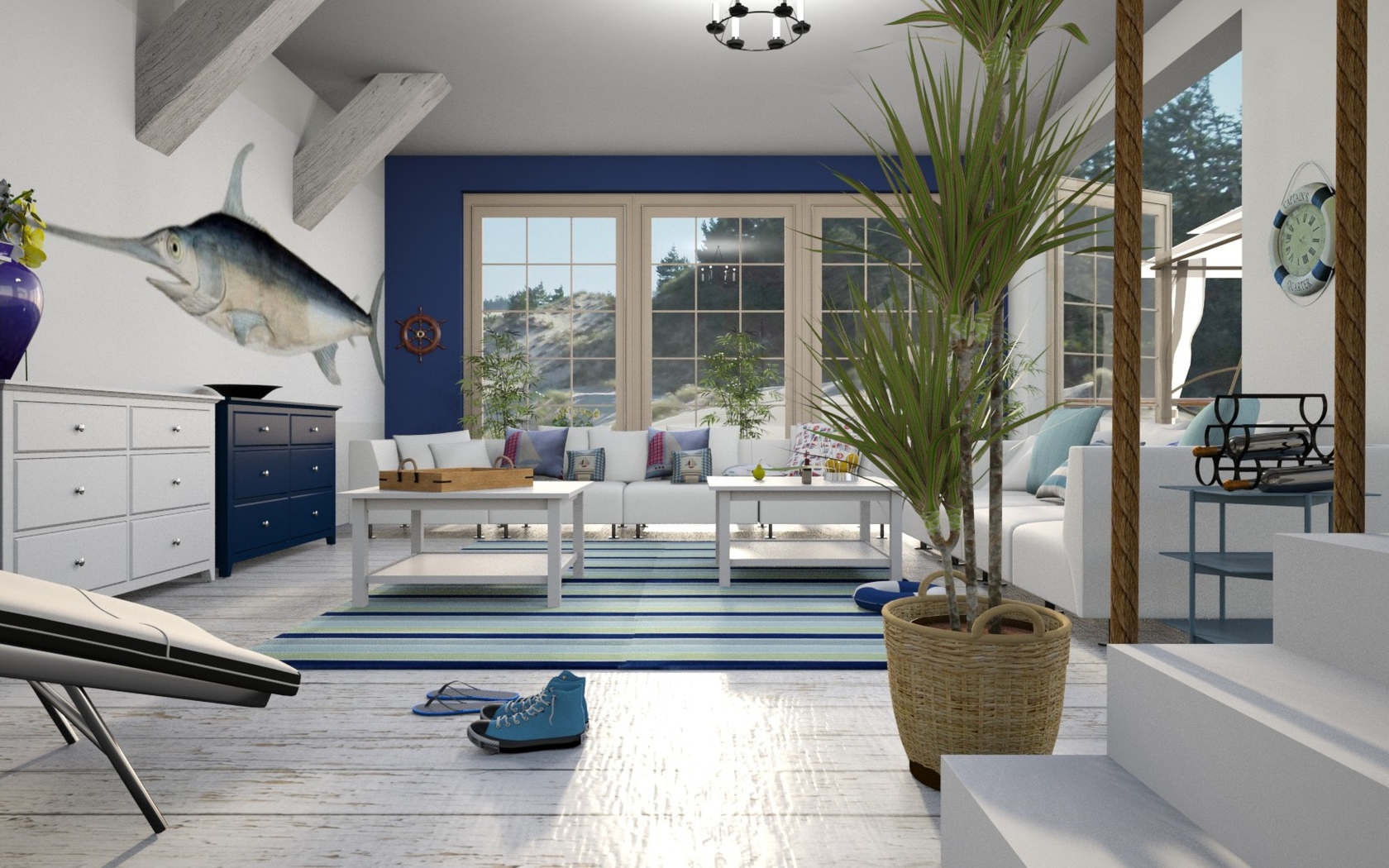 Большая просторная гостиная в бело-голубом стиле