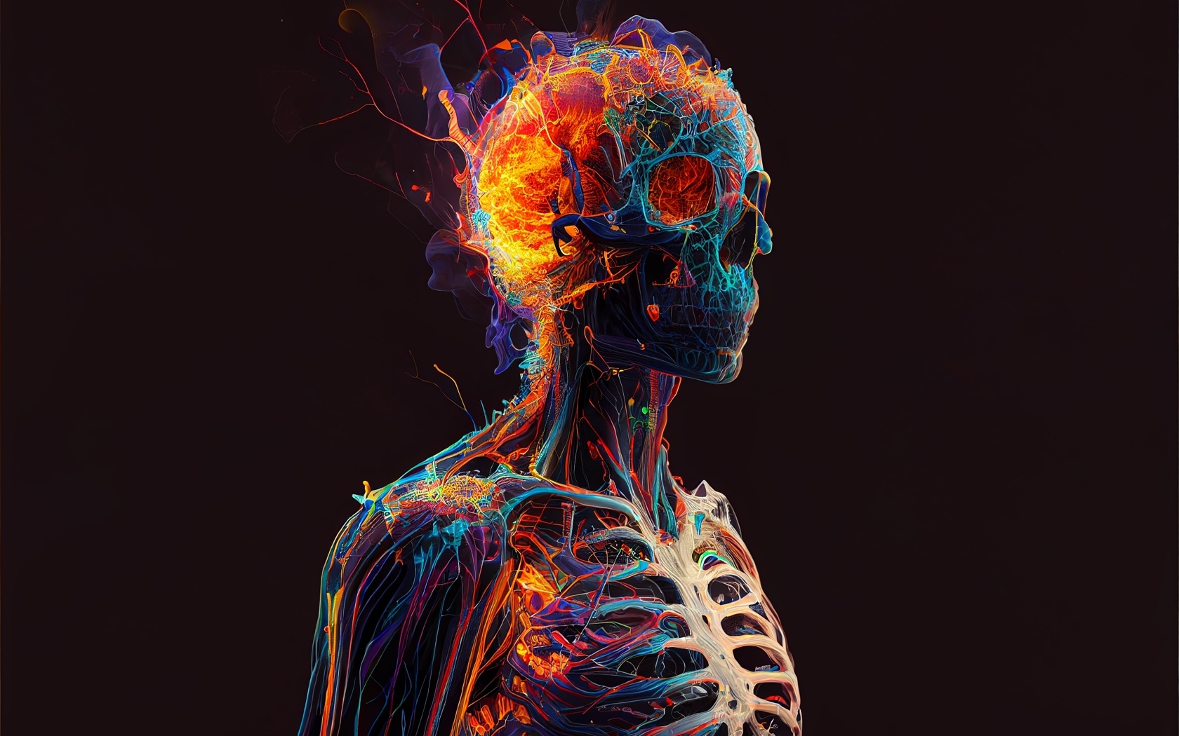 Огненный скелет мужчины на черном фоне