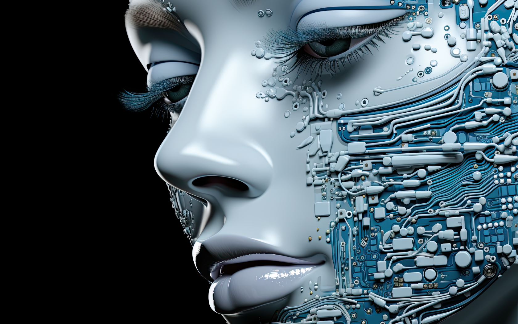 Лицо девушки робота на черном фоне 3д графика