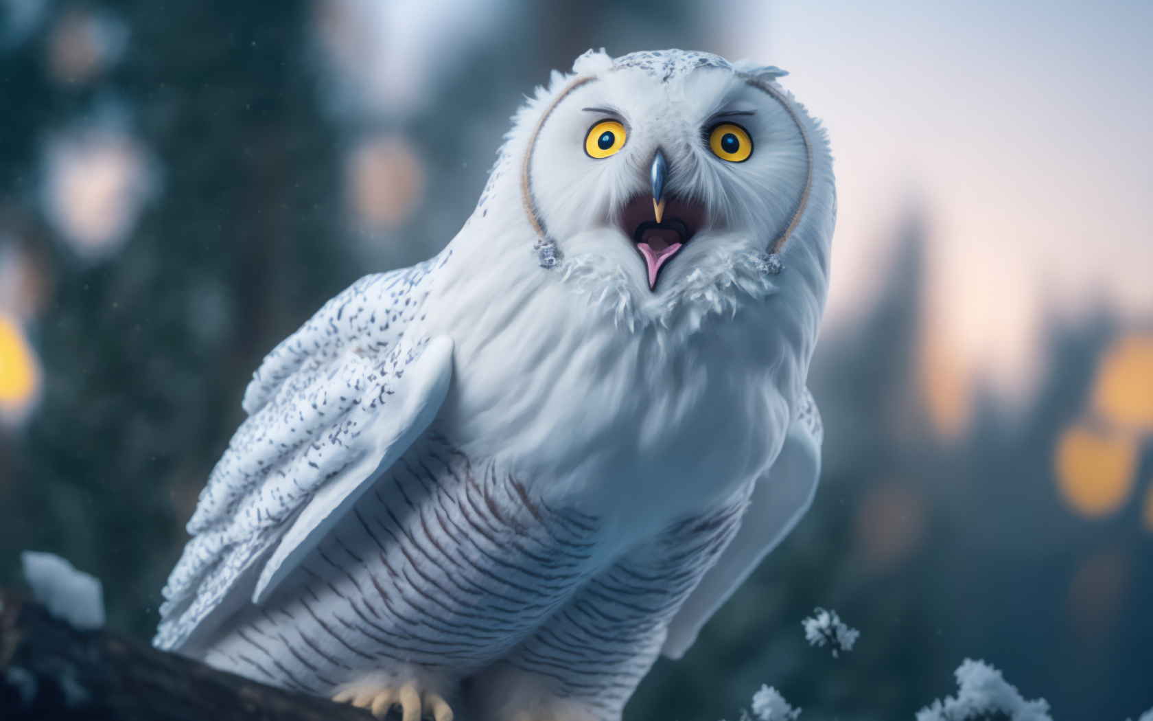 Большая белая сова с открытым клювом