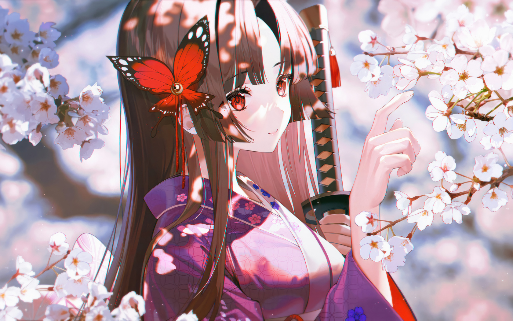 Девушка аниме с бабочкой в волосах